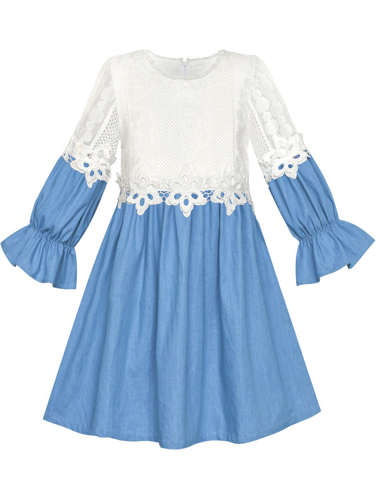 Girls Dress Long Sleeve White Lace Blue A-line School Uniform Blue