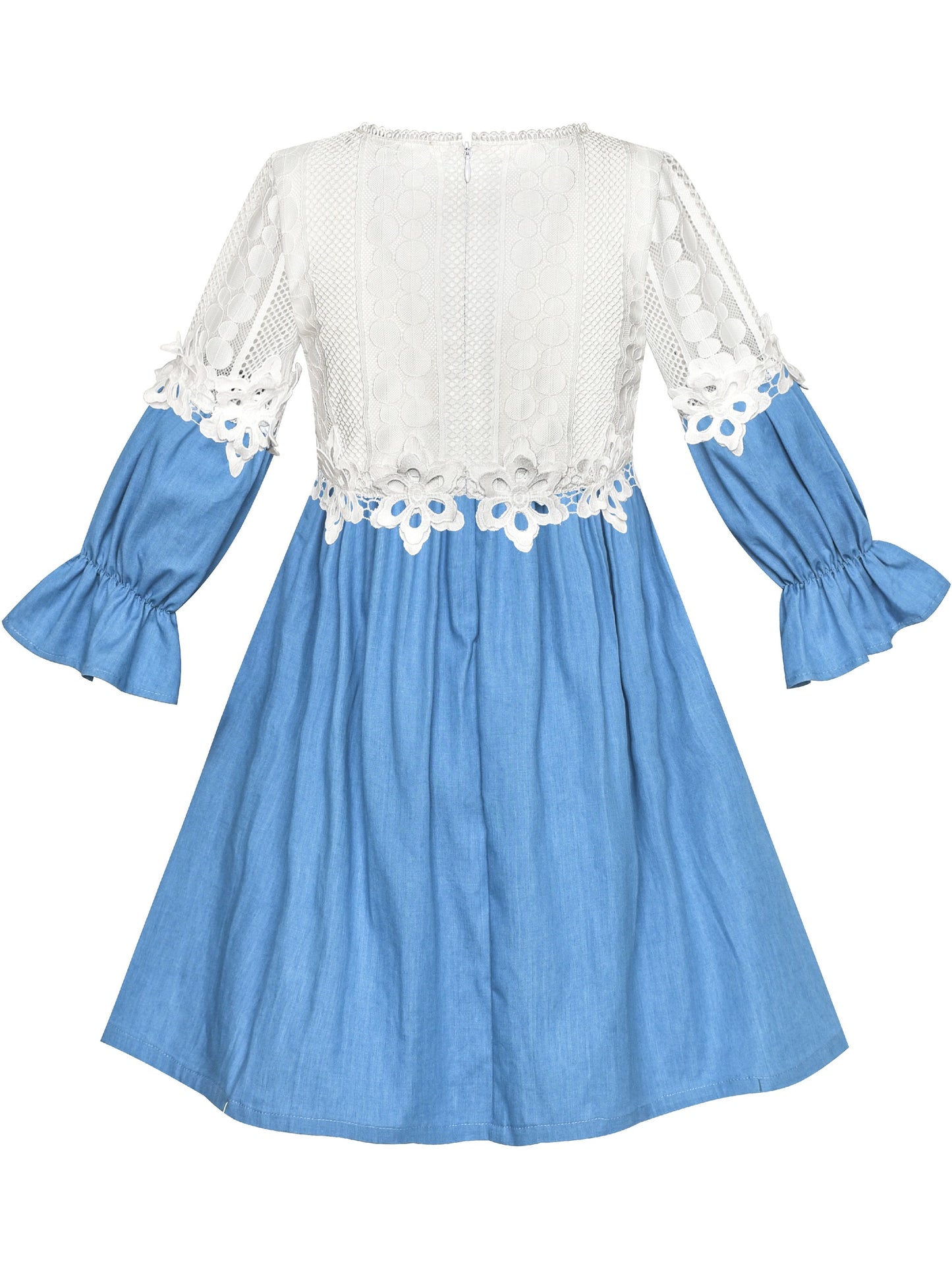 Girls Dress Long Sleeve White Lace Blue A-line School Uniform Blue