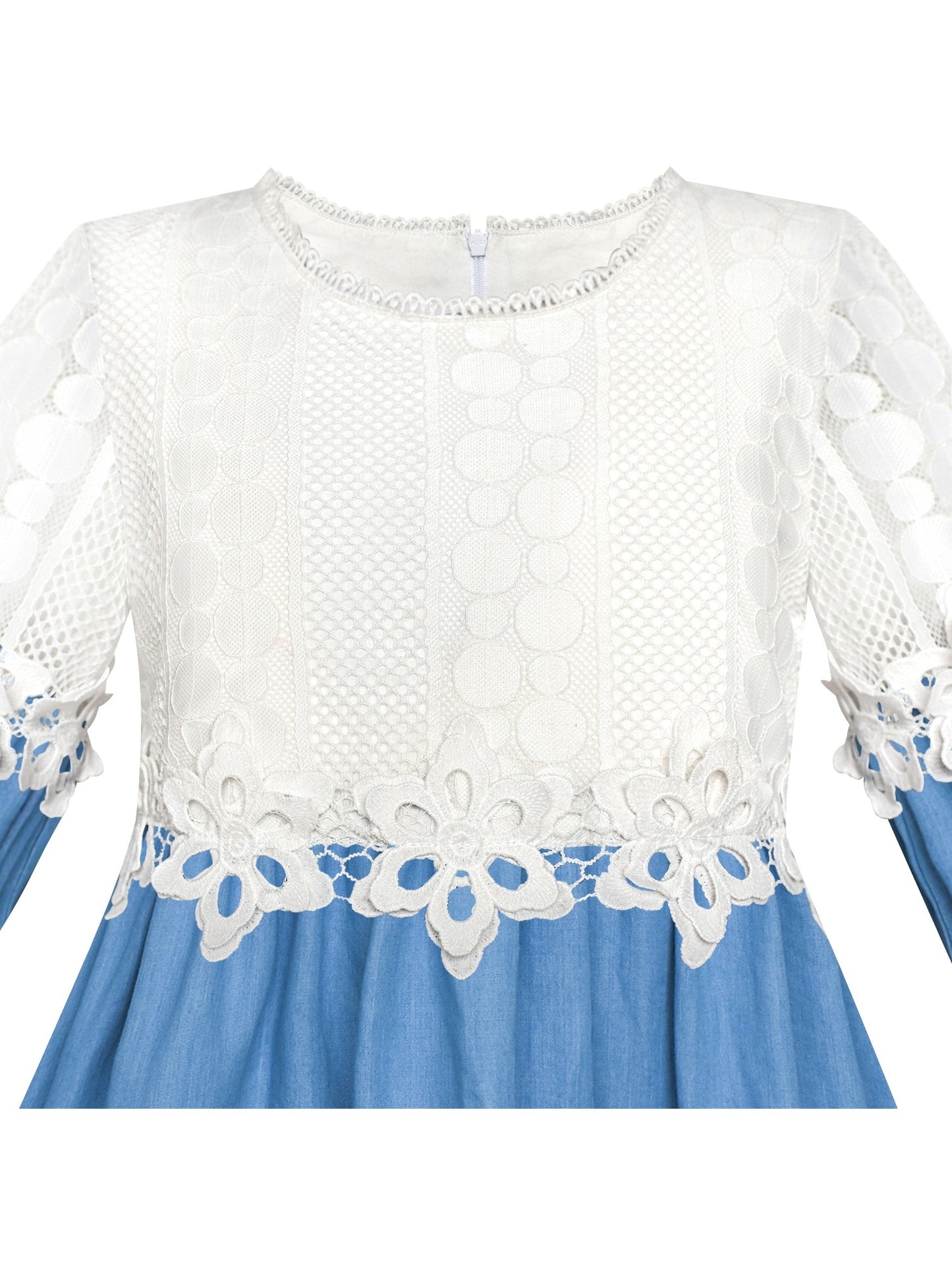 Girls Dress Long Sleeve White Lace Blue A-line School Uniform Blue