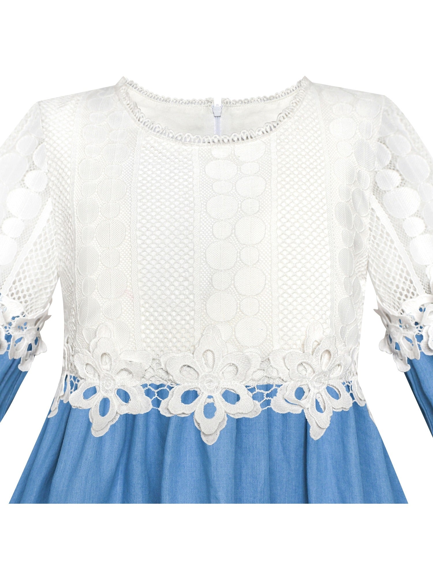 Girls Dress Long Sleeve White Lace Blue A-line School Uniform Blue