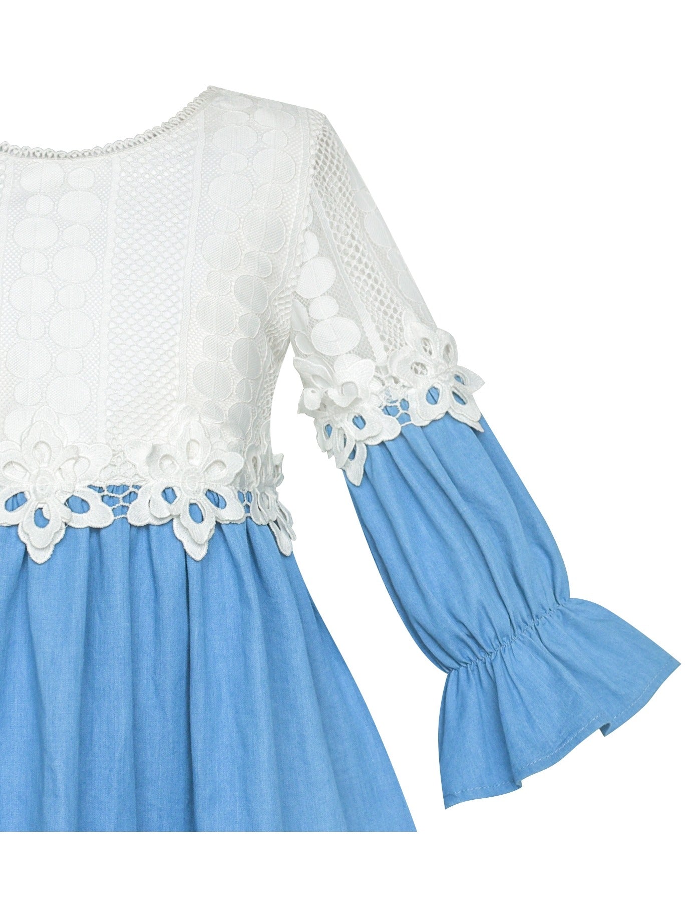 Girls Dress Long Sleeve White Lace Blue A-line School Uniform Blue