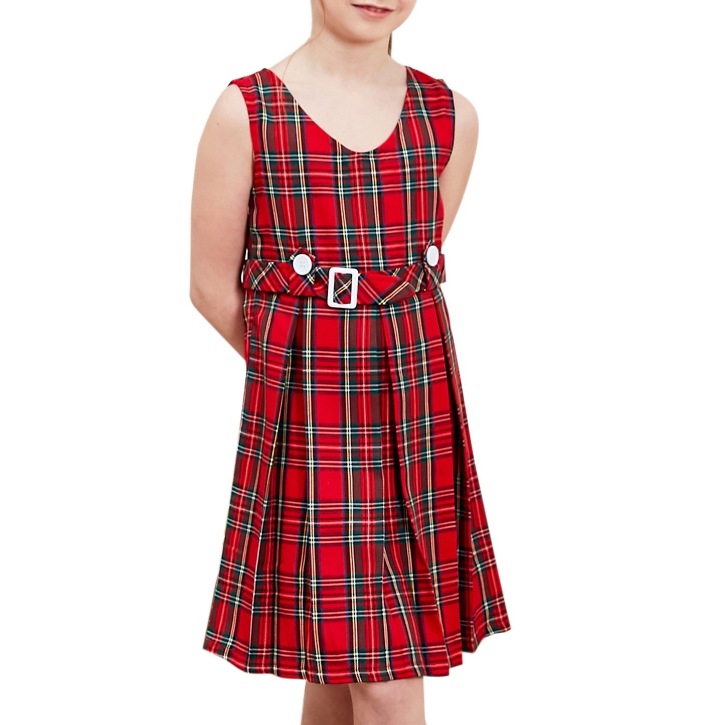 Girls Dress Beige Button Back School Uniform Pleated Hem Red