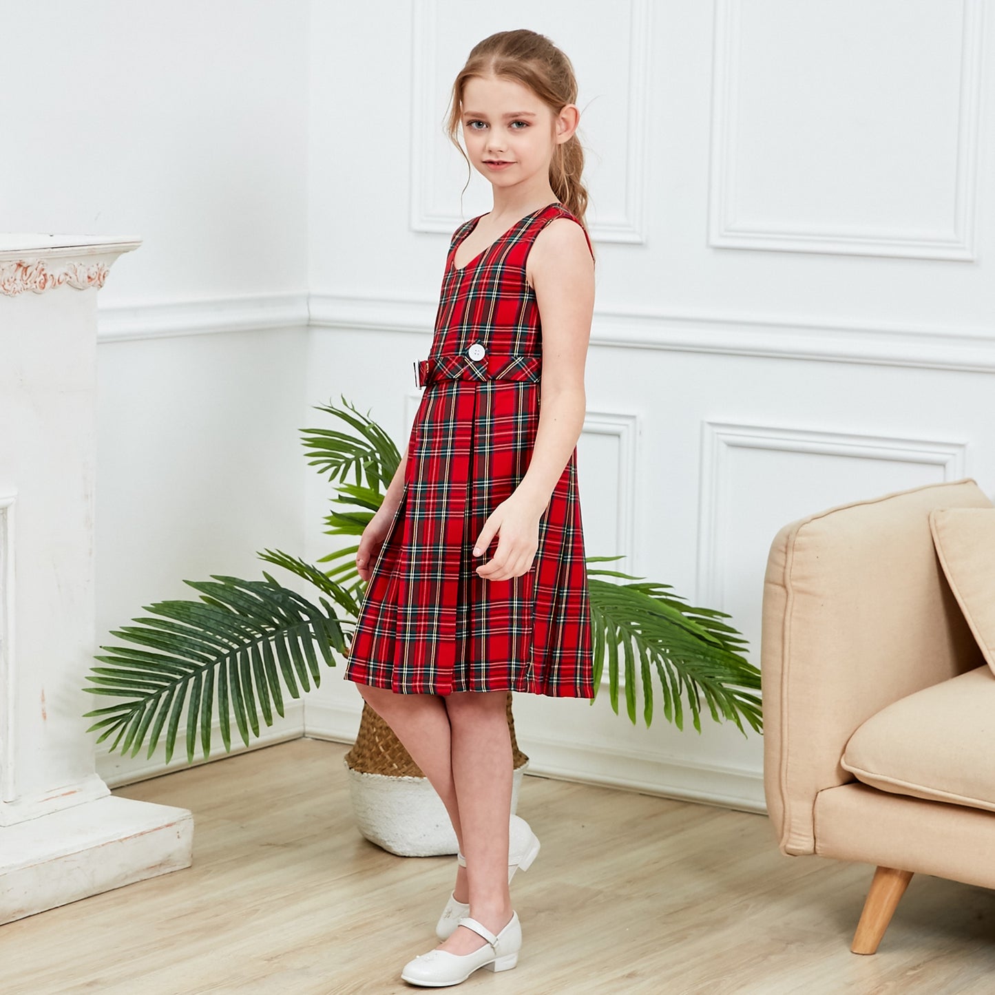 Girls Dress Beige Button Back School Uniform Pleated Hem Red