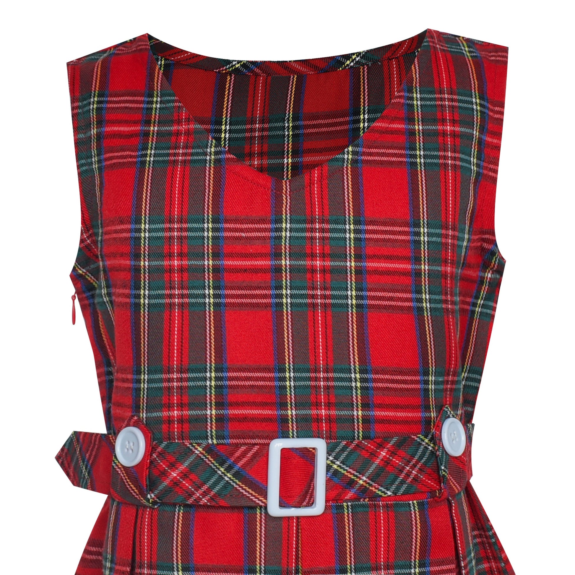 Girls Dress Beige Button Back School Uniform Pleated Hem Red