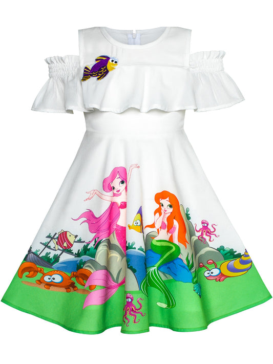 Girls Dress Mermaid Cartoon Princess Ruffle Collar Party Dress Green