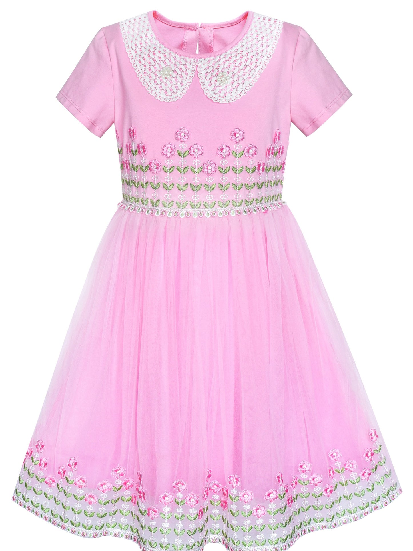 Girls Dress 2-in-1 Lace Yellow Short Sleeve Party Dress Pink
