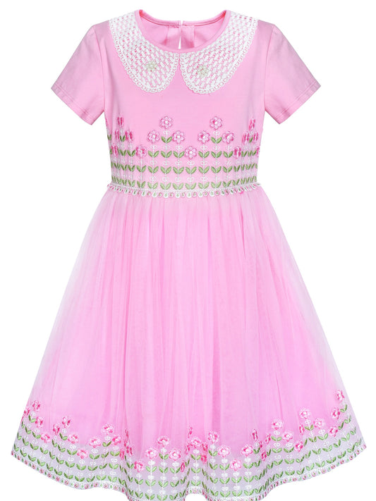 Girls Dress 2-in-1 Lace Yellow Short Sleeve Party Dress Pink