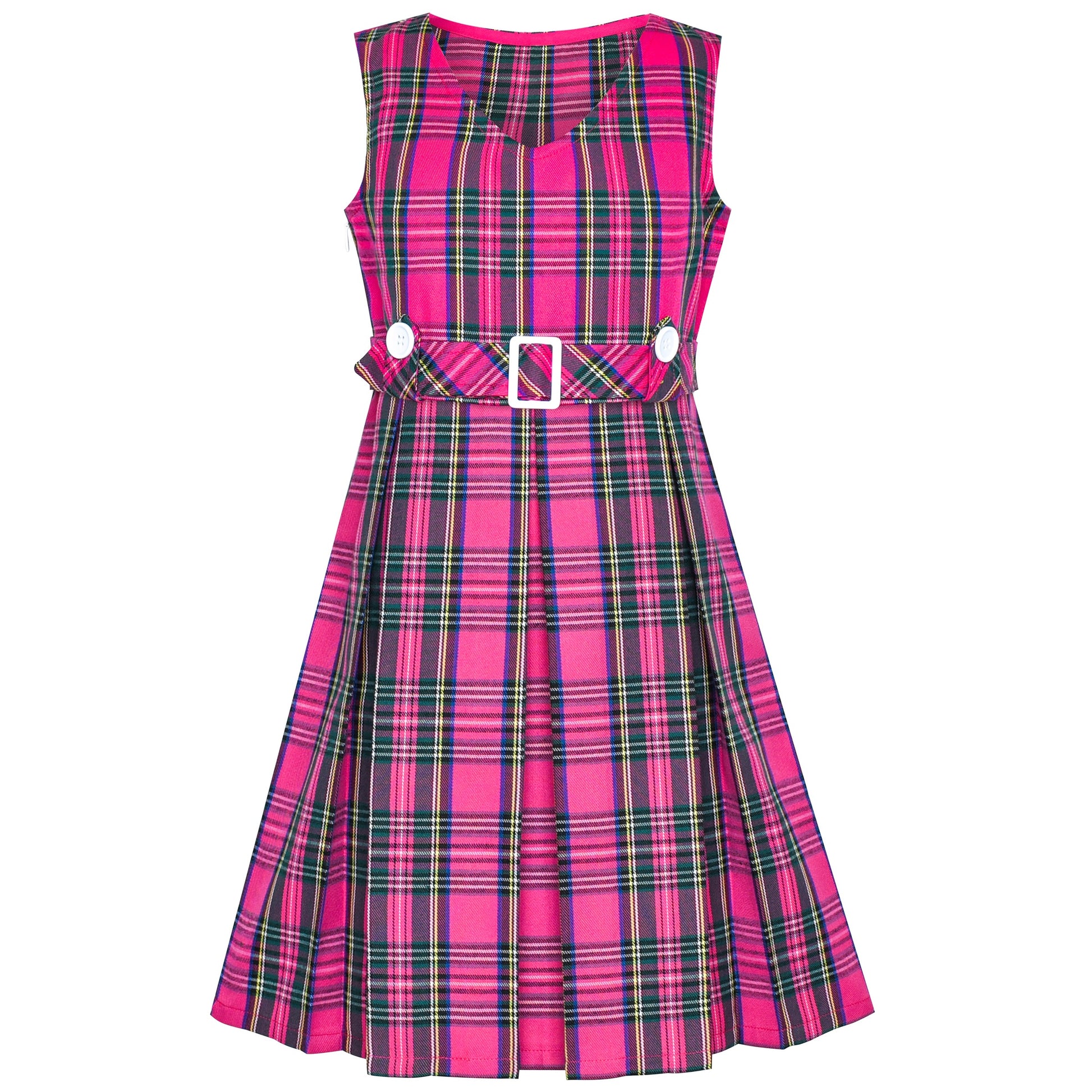 Girls Dress Beige Button Back School Uniform Pleated Hem Purple