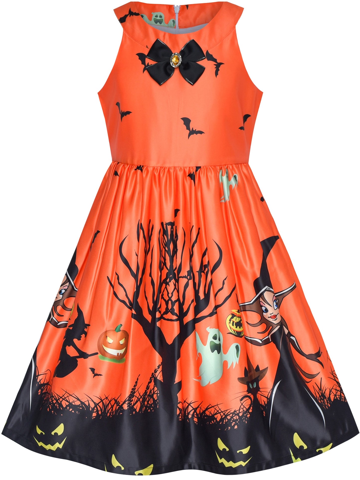Girls Dress Halloween Witch Bat Pumpkin Costume Purple Dress Orange