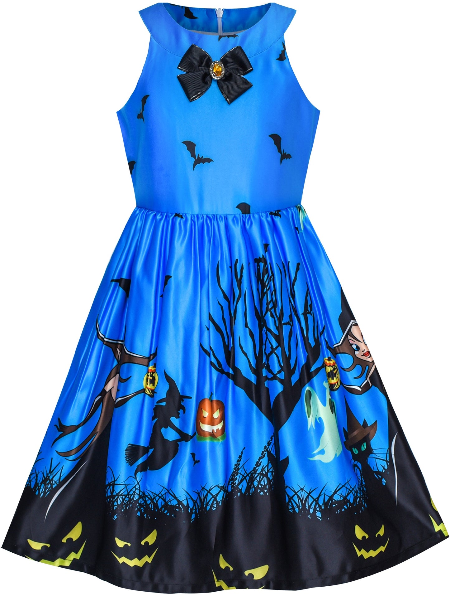 Girls Dress Halloween Witch Bat Pumpkin Costume Purple Dress Blue
