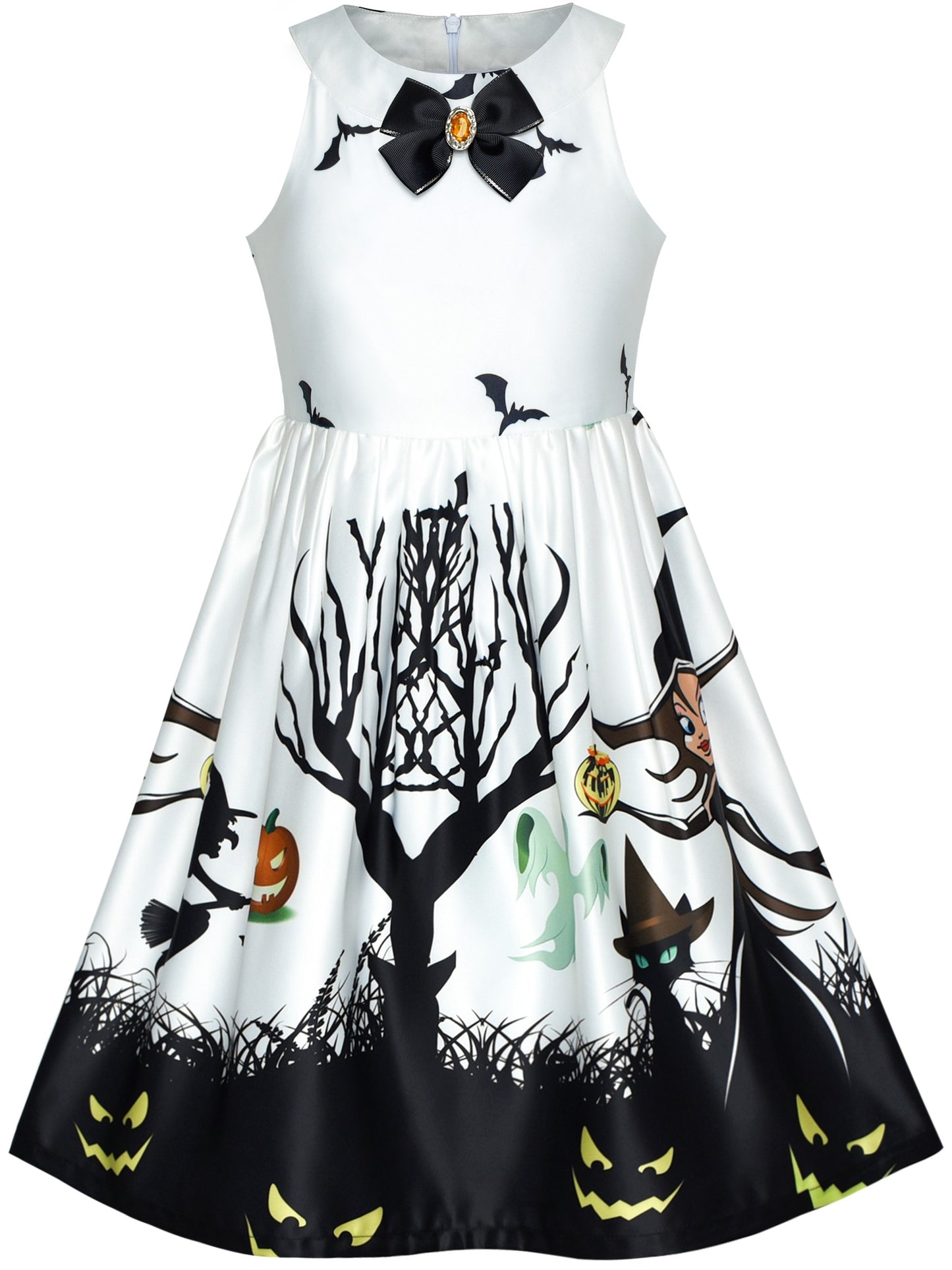 Girls Dress Halloween Witch Bat Pumpkin Costume Purple Dress White