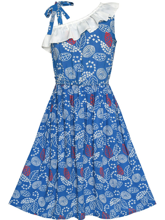 Girls Dress Sleeveless Floral Print Asymmetric Shoulder Design Blue