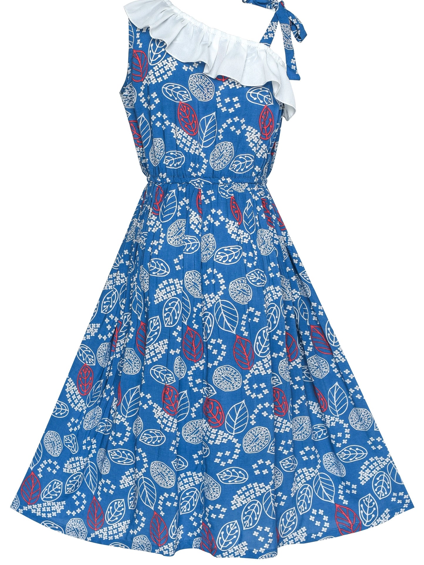 Girls Dress Sleeveless Floral Print Asymmetric Shoulder Design Blue