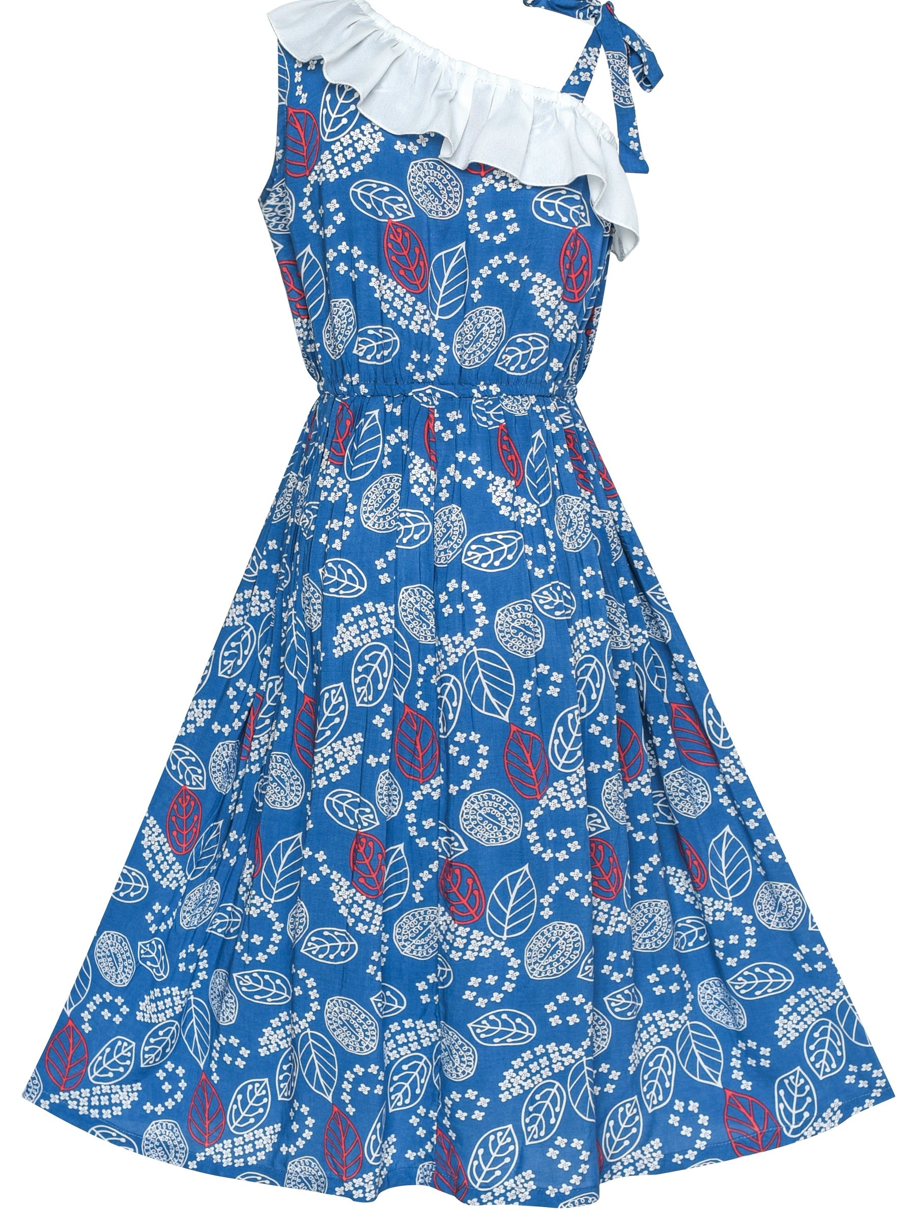 Girls Dress Sleeveless Floral Print Asymmetric Shoulder Design Blue