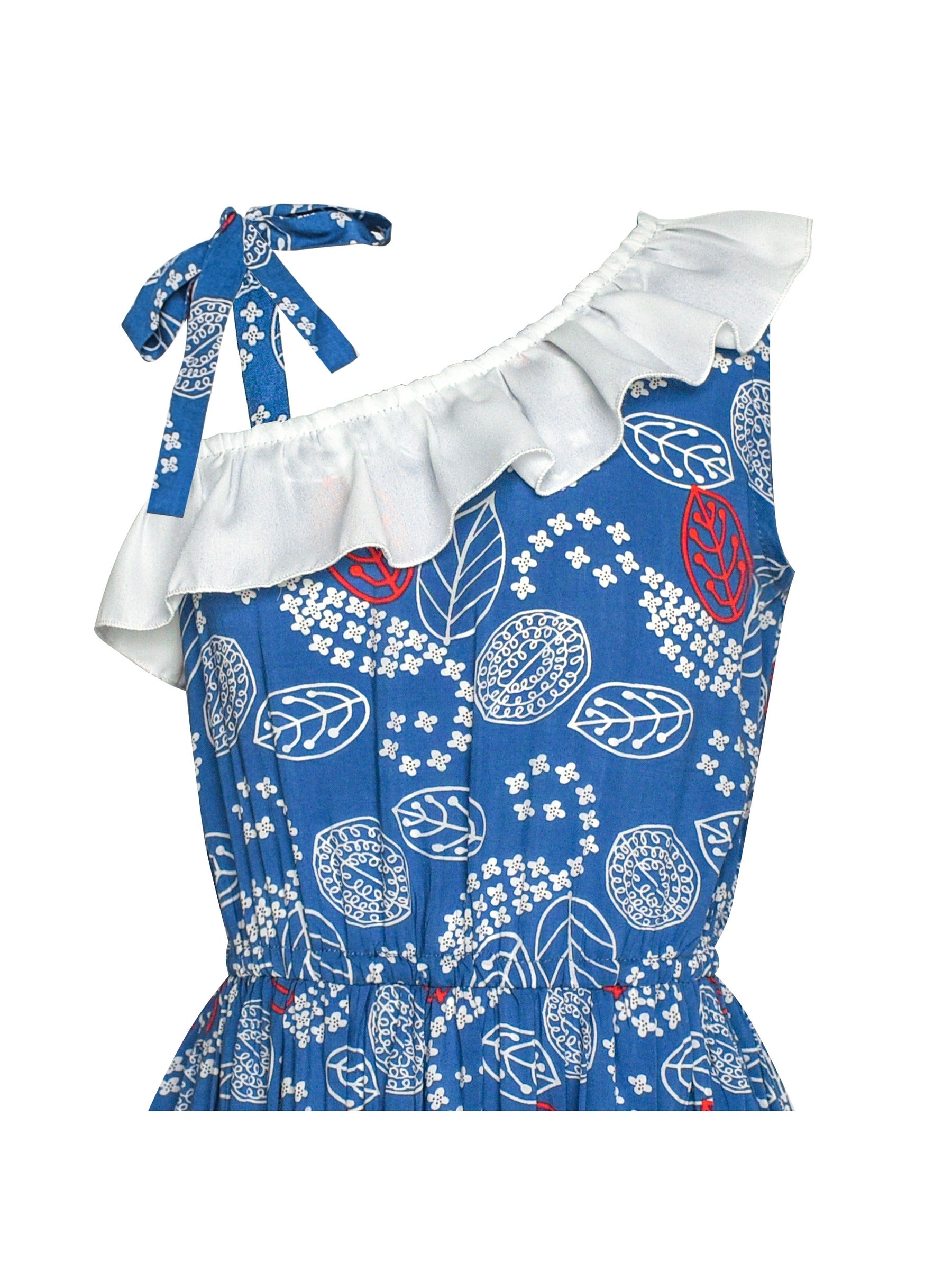 Girls Dress Sleeveless Floral Print Asymmetric Shoulder Design Blue