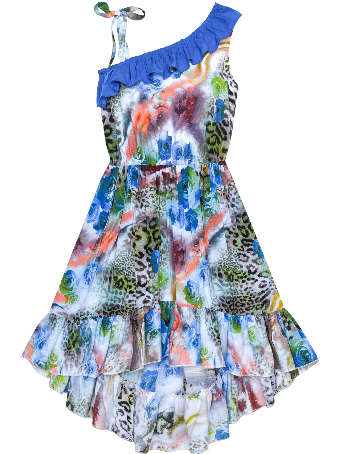 Girls Dress Sleeveless Floral Print Asymmetric Shoulder Design Blue