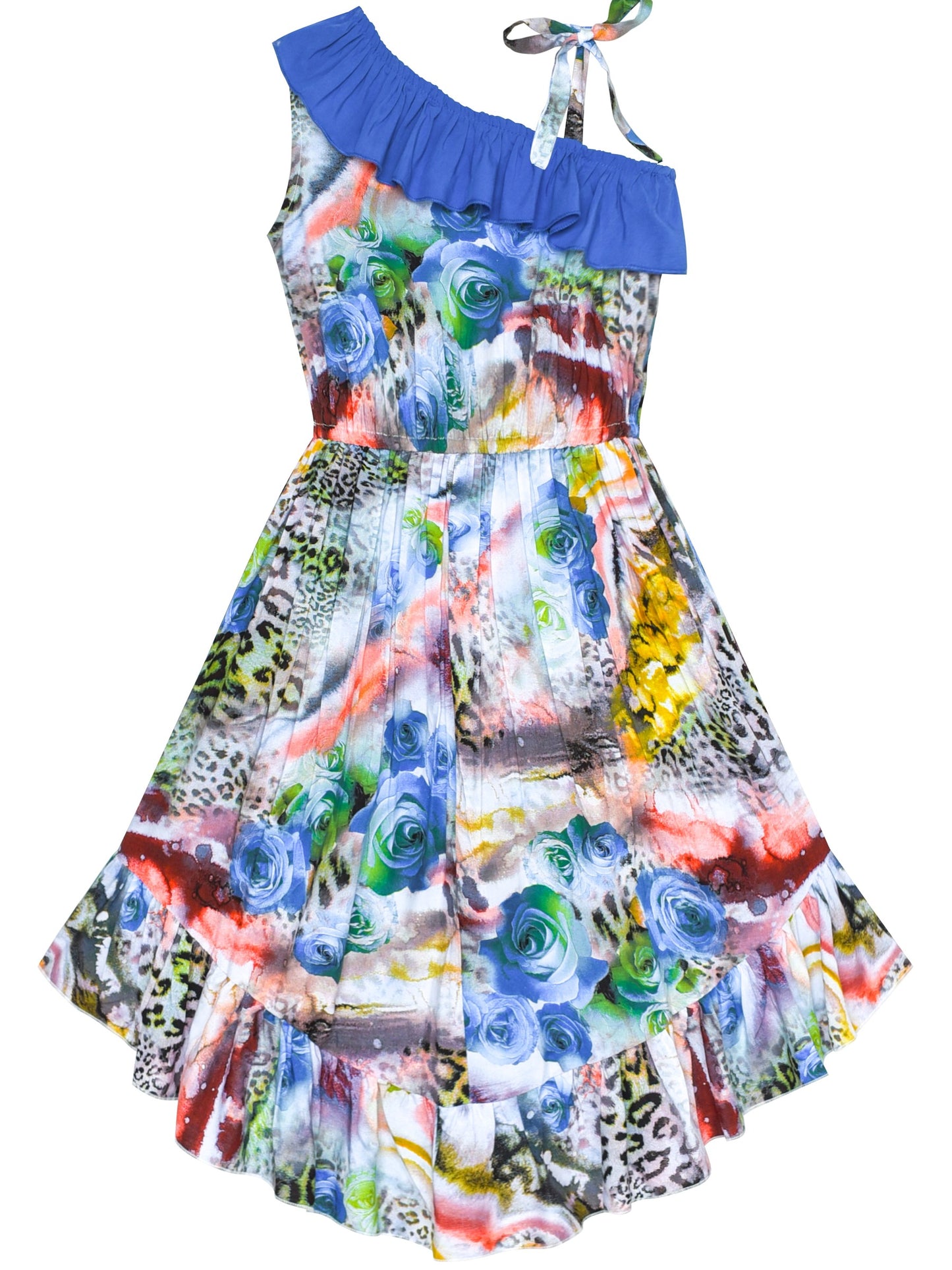Girls Dress Sleeveless Floral Print Asymmetric Shoulder Design Blue