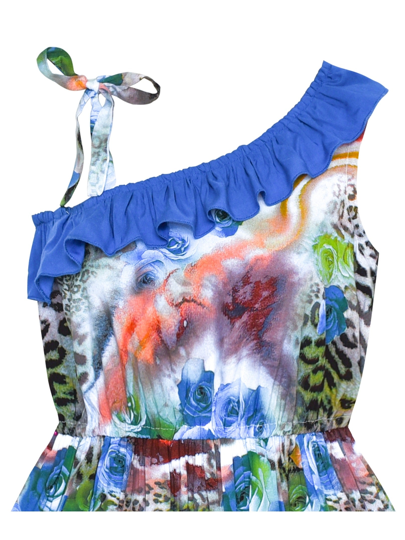 Girls Dress Sleeveless Floral Print Asymmetric Shoulder Design Blue