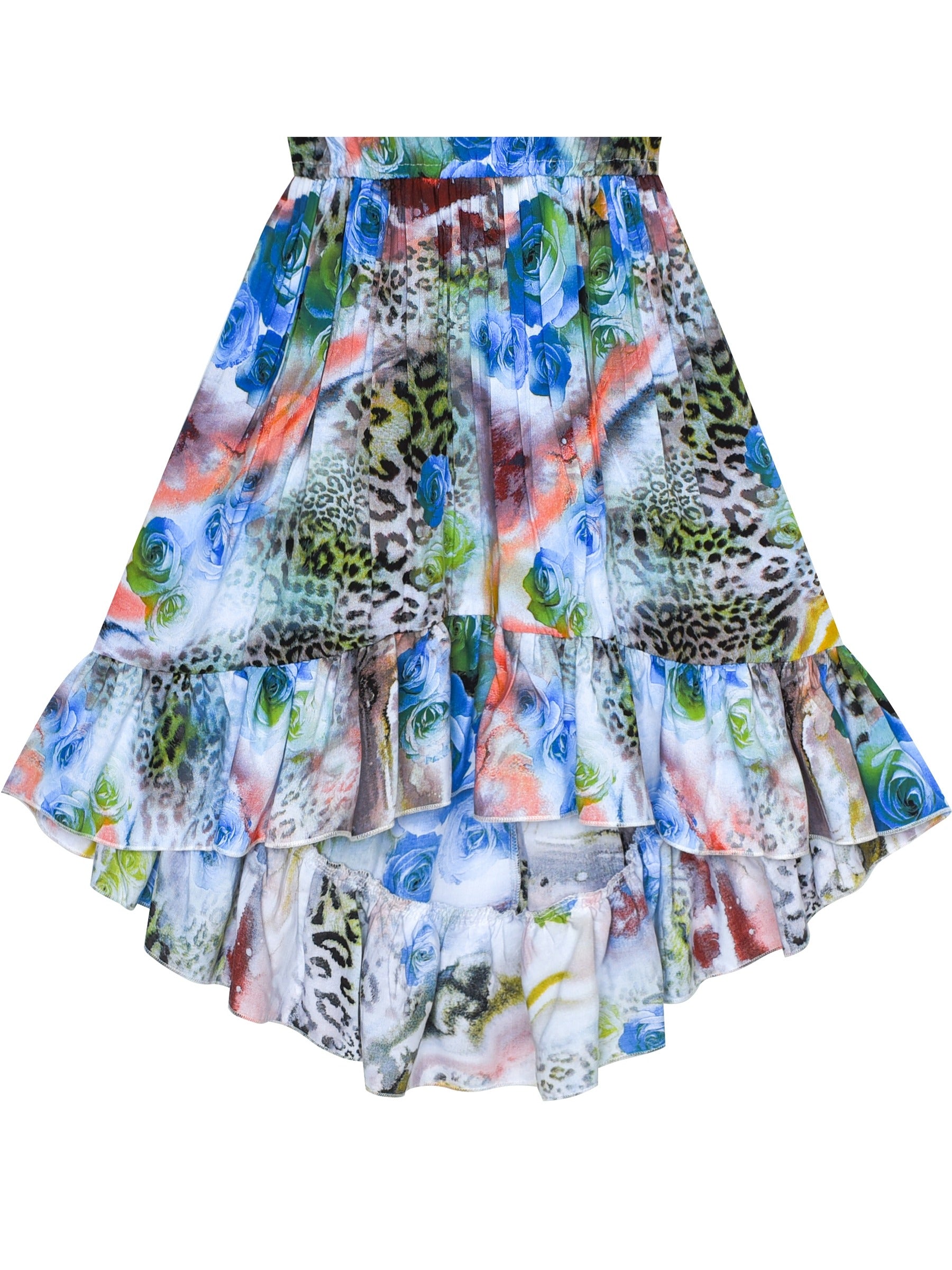 Girls Dress Sleeveless Floral Print Asymmetric Shoulder Design Blue