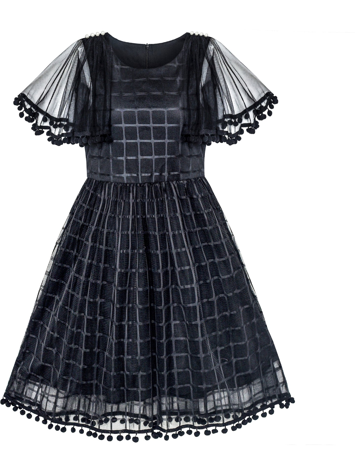 Girls Dress Black Tulle Cape Sleeve Plaid Tartan Party Black
