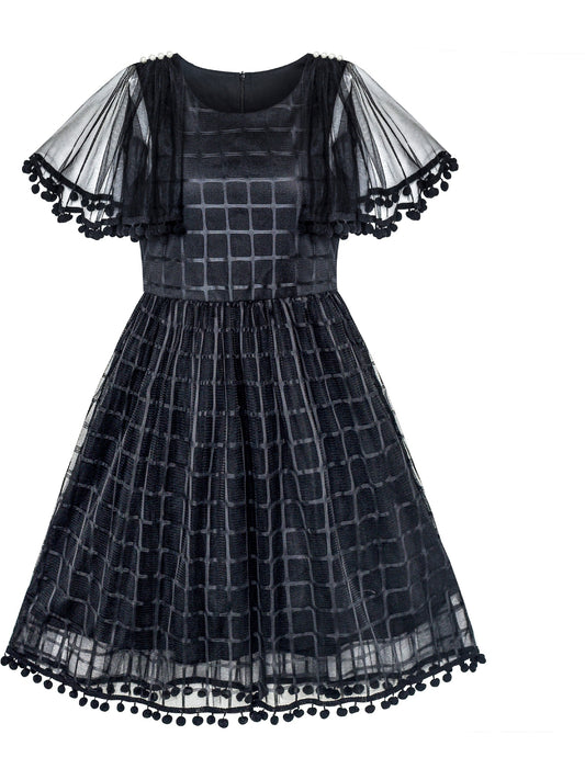 Girls Dress Black Tulle Cape Sleeve Plaid Tartan Party Black