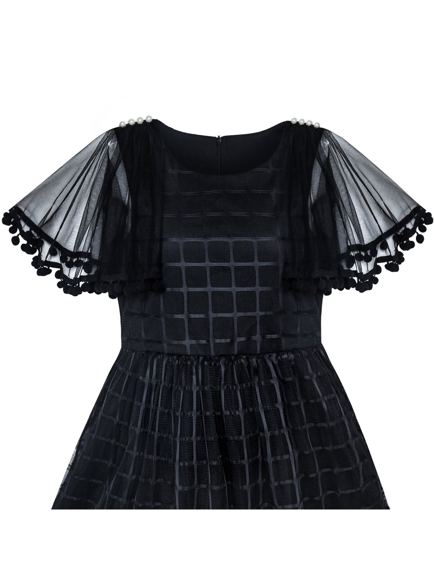 Girls Dress Black Tulle Cape Sleeve Plaid Tartan Party Black