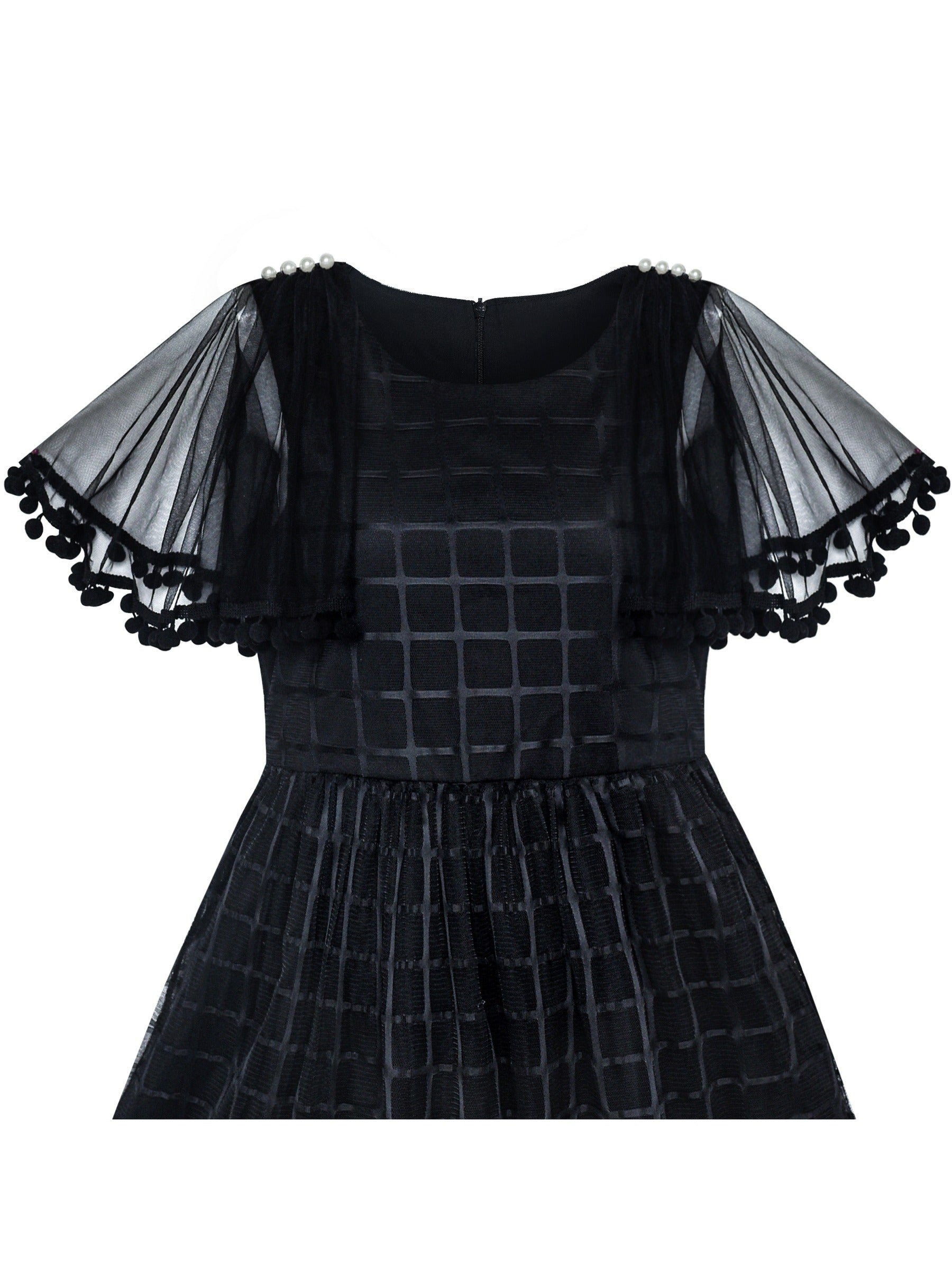 Girls Dress Black Tulle Cape Sleeve Plaid Tartan Party Black