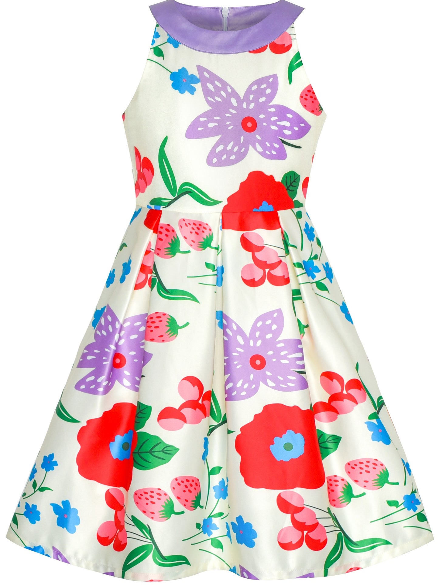 Girls Dress Yellow Rose Print Pleated Hem Wedding Pageant Party Wedding Purple