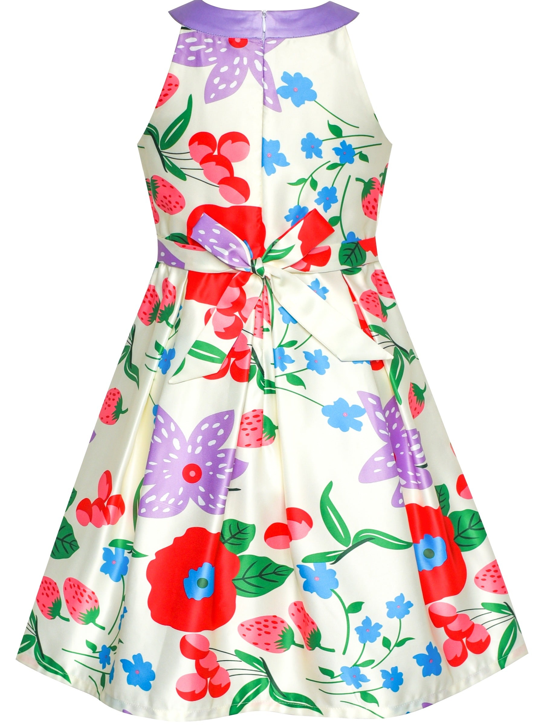 Girls Dress Yellow Rose Print Pleated Hem Wedding Pageant Party Wedding Purple