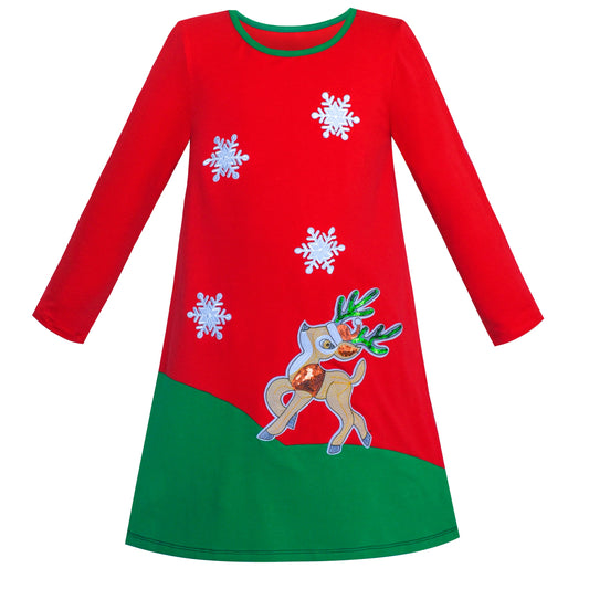 Girls Dress Long Sleeve Christmas Reindeer Snow Holiday Party Red
