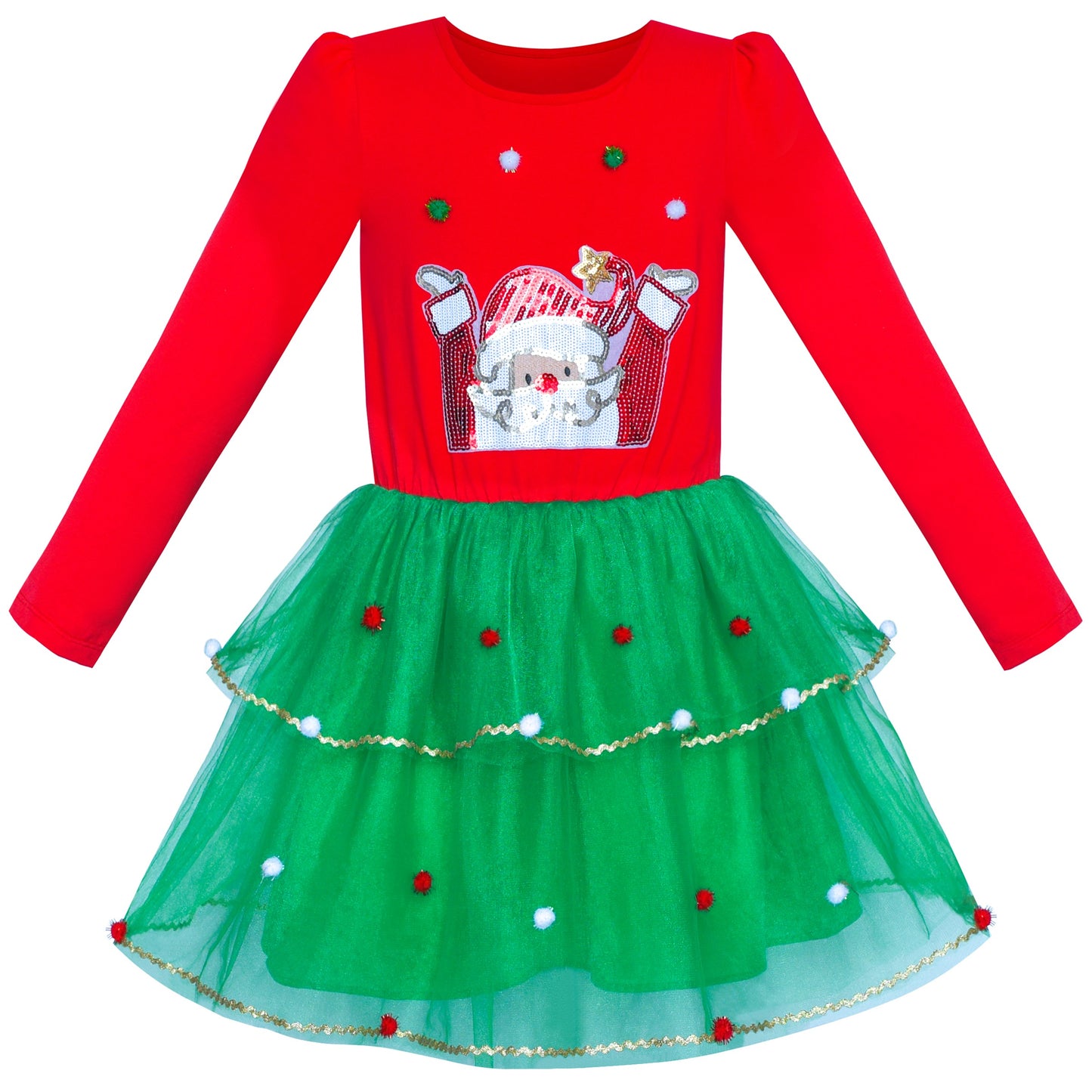 Girls Dress Christmas Reindeer Long Sleeve Party Dress Red