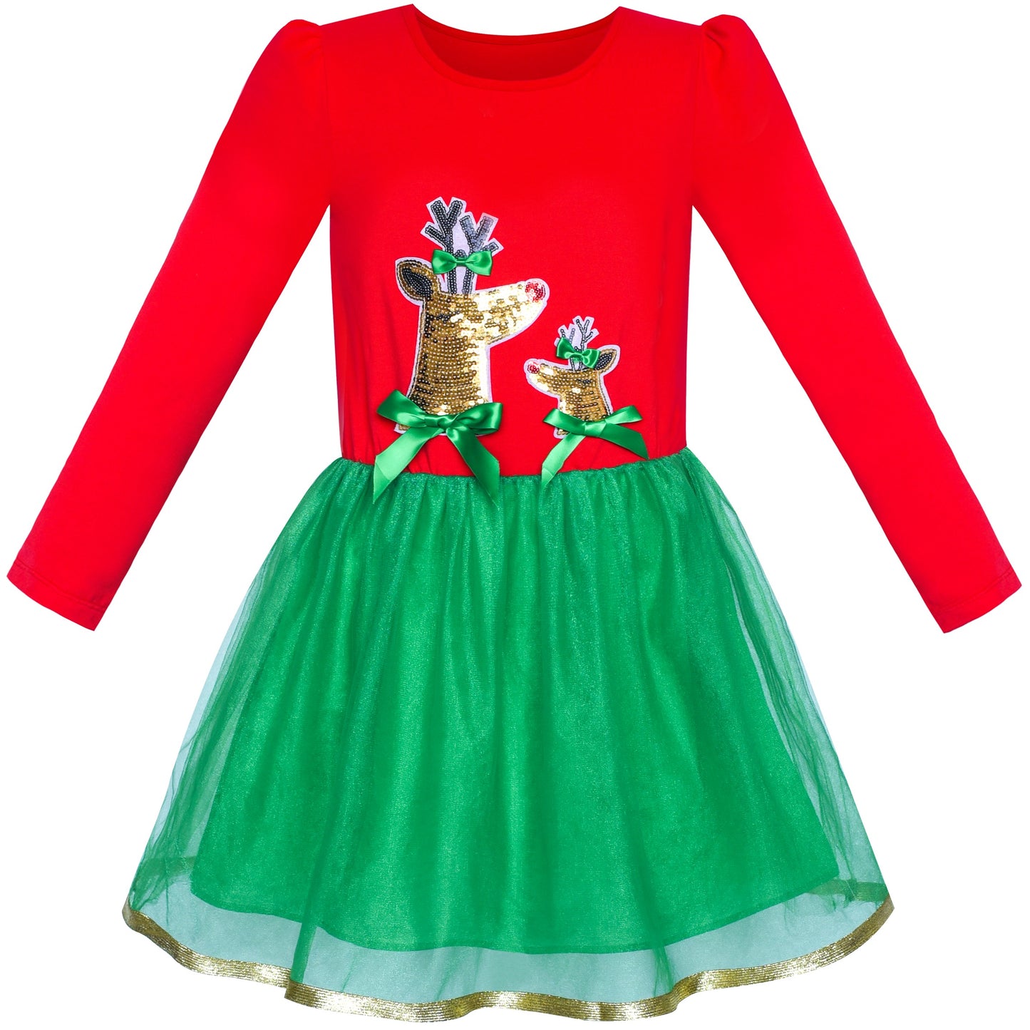 Girls Dress Christmas Reindeer Long Sleeve Party Dress Red