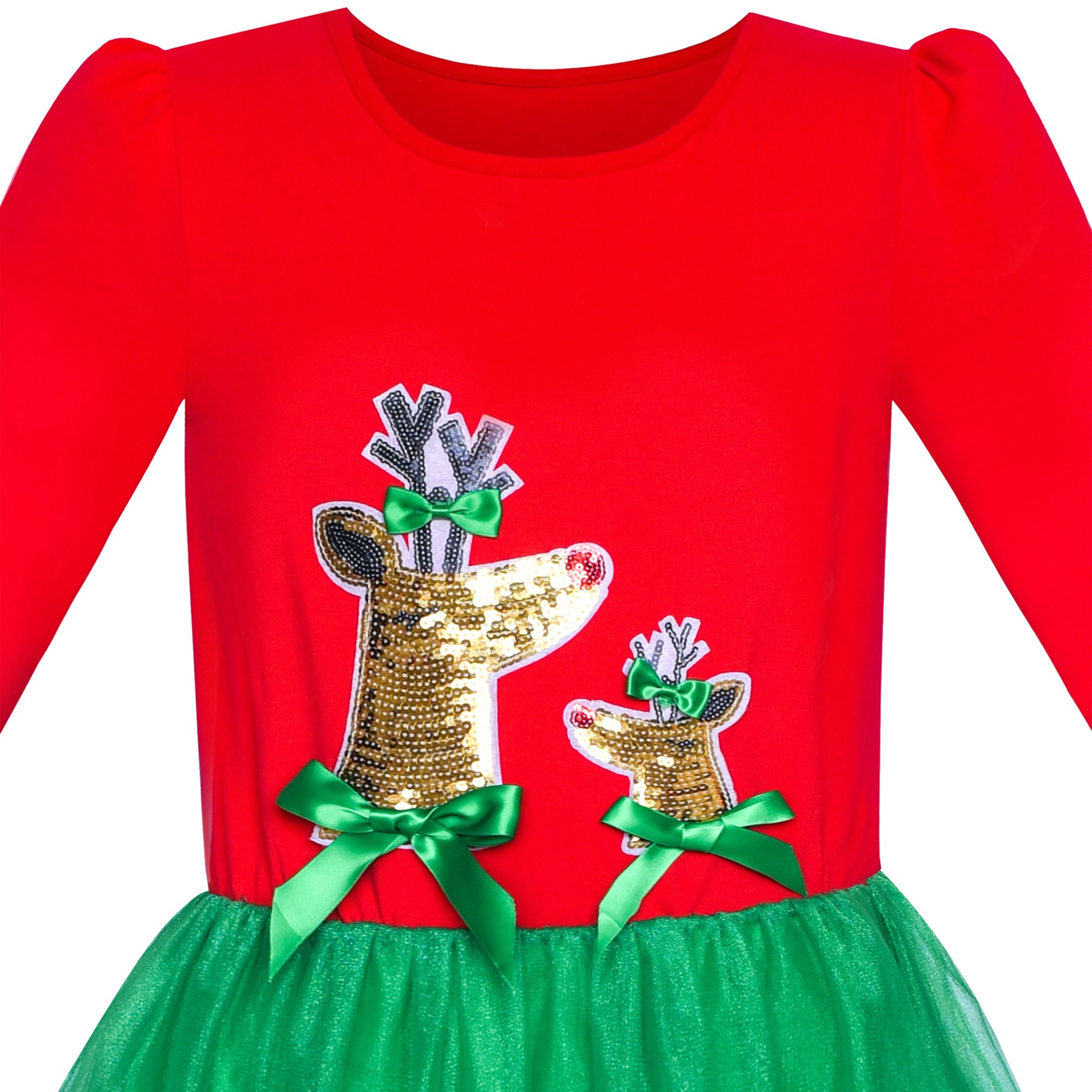 Girls Dress Christmas Reindeer Long Sleeve Party Dress Red