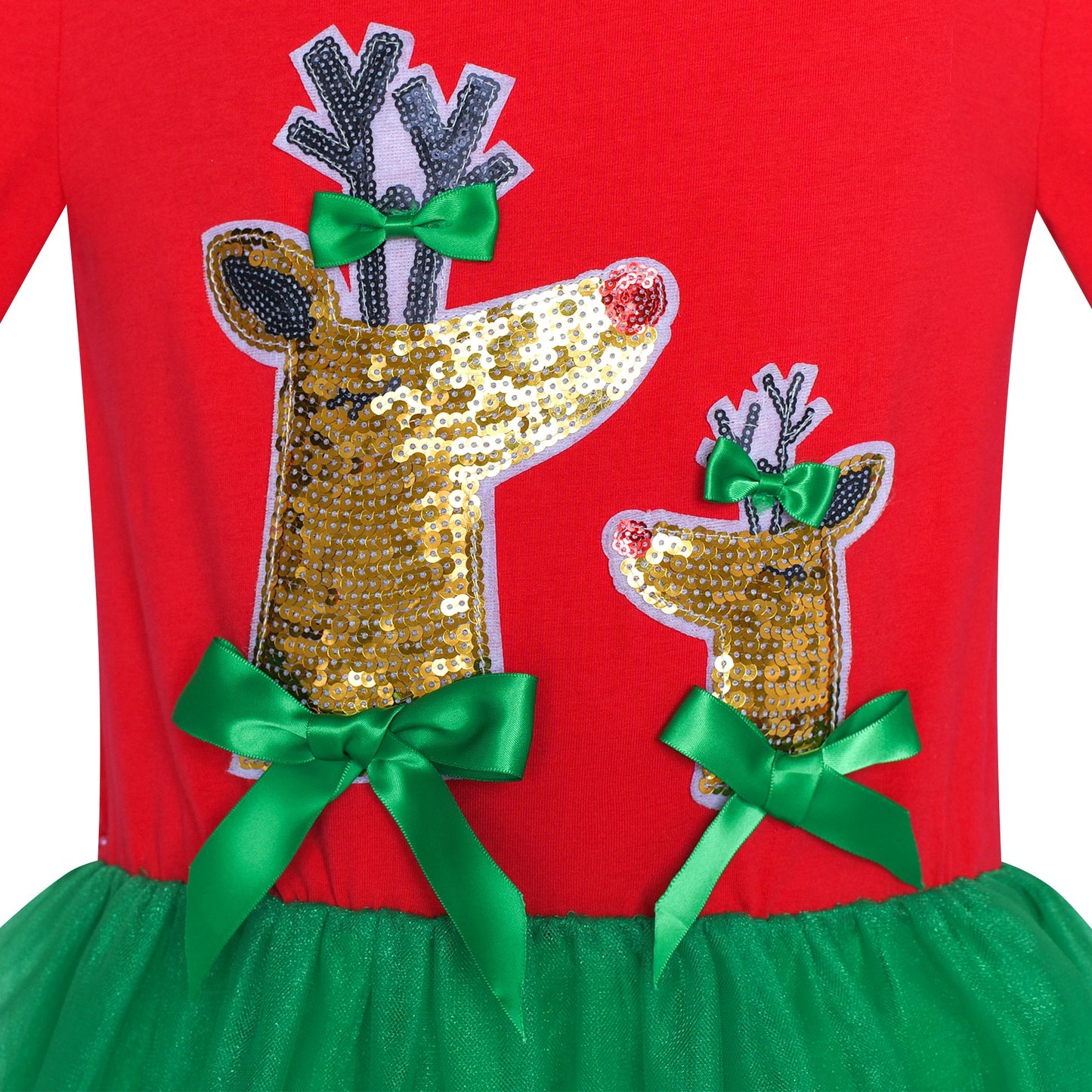 Girls Dress Christmas Reindeer Long Sleeve Party Dress Red