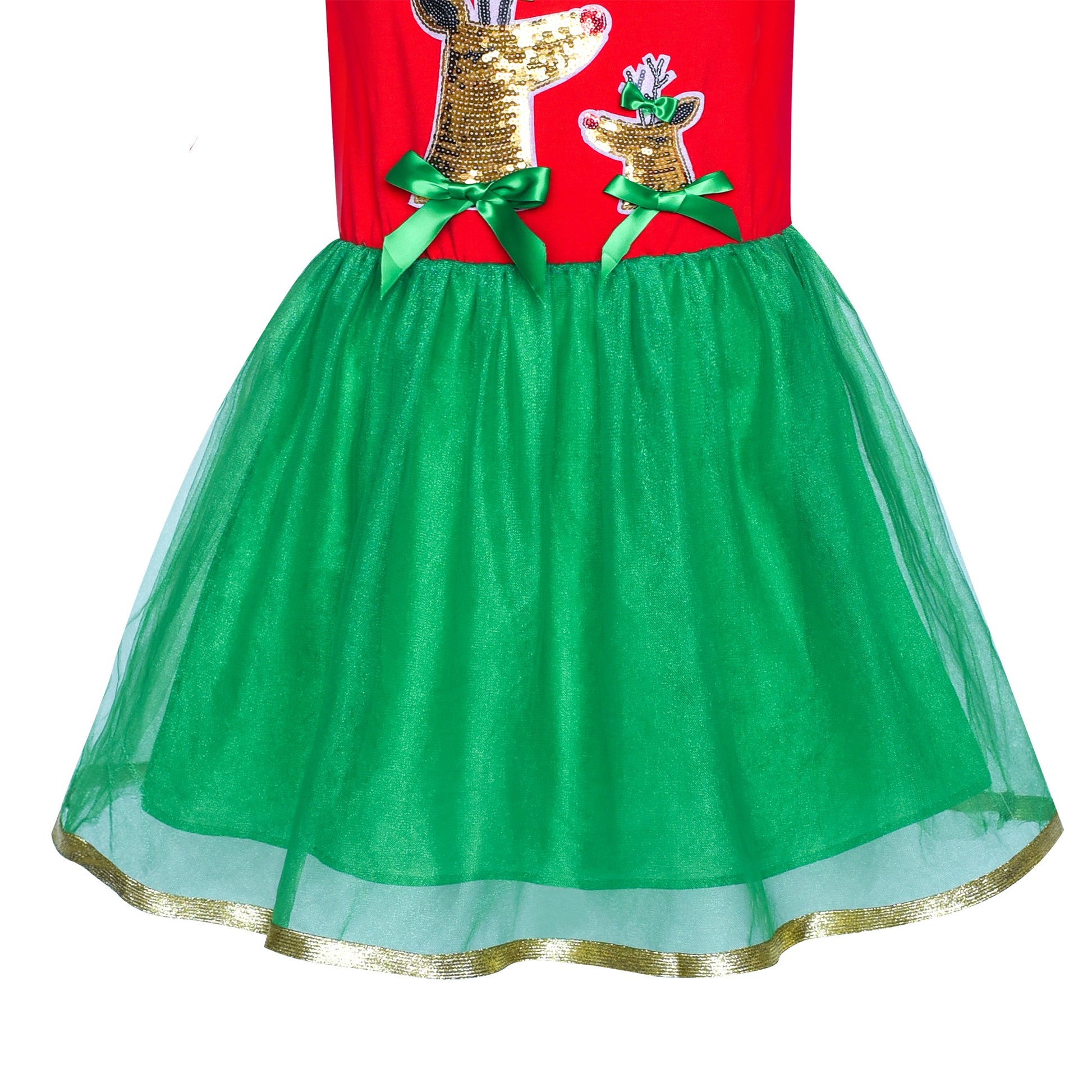 Girls Dress Christmas Reindeer Long Sleeve Party Dress Red
