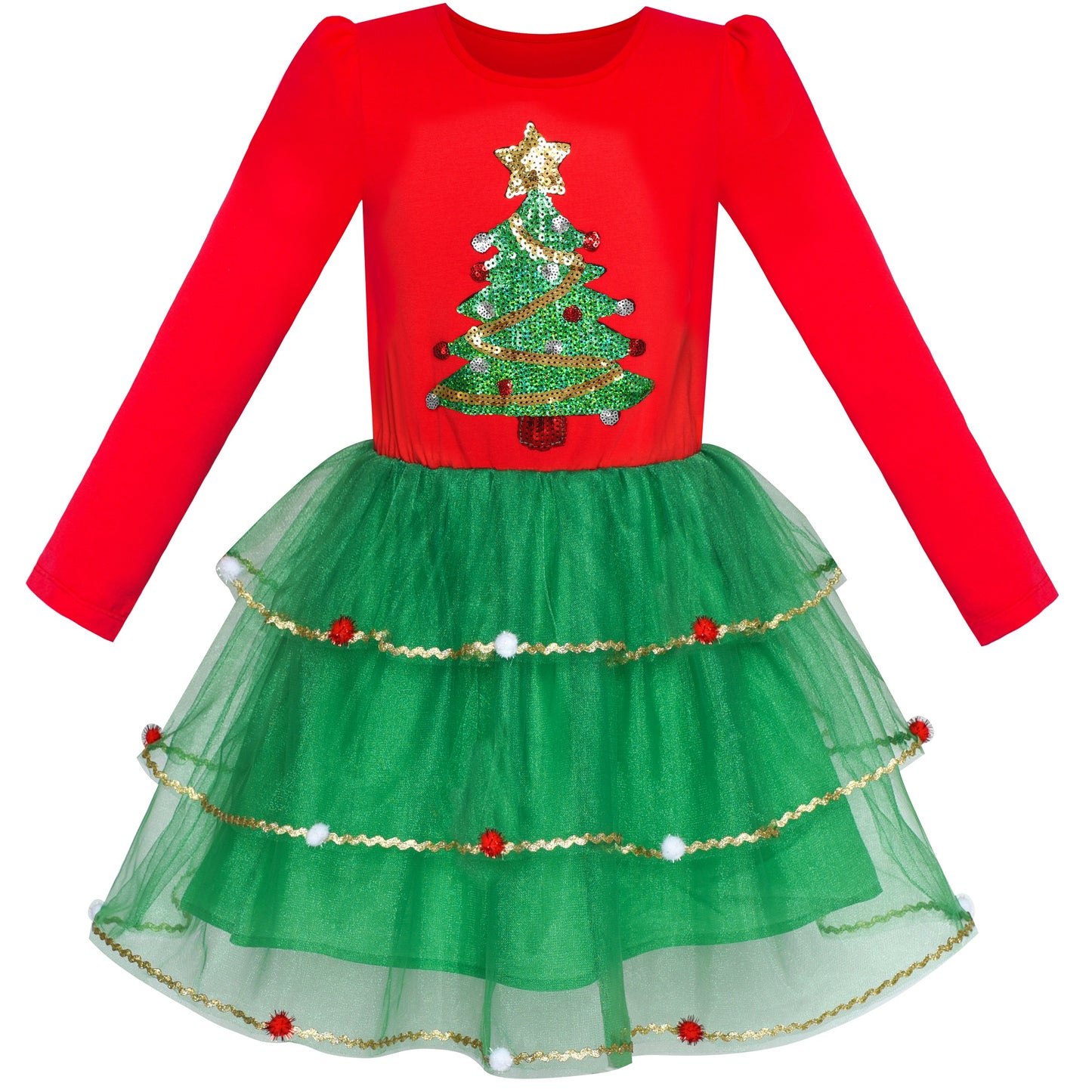 Girls Dress Christmas Reindeer Long Sleeve Party Dress Red