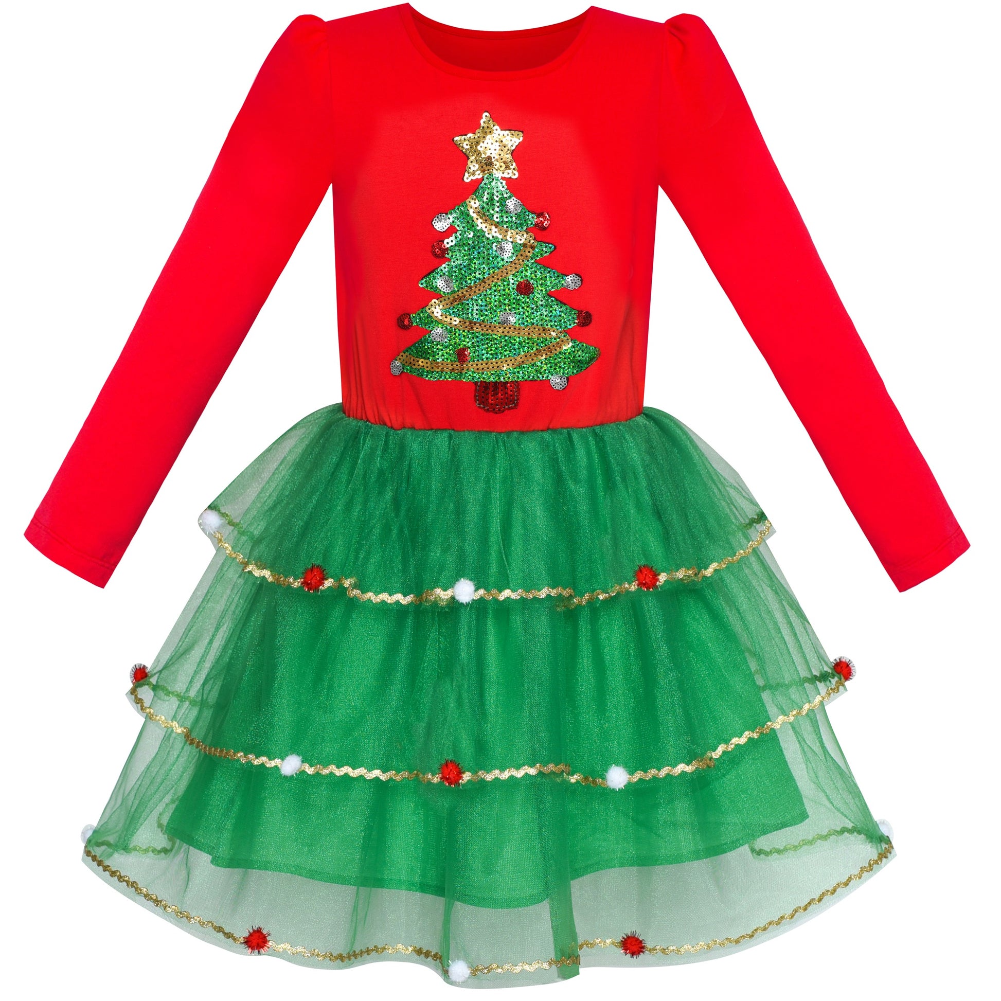 Girls Dress Christmas Reindeer Long Sleeve Party Dress Red