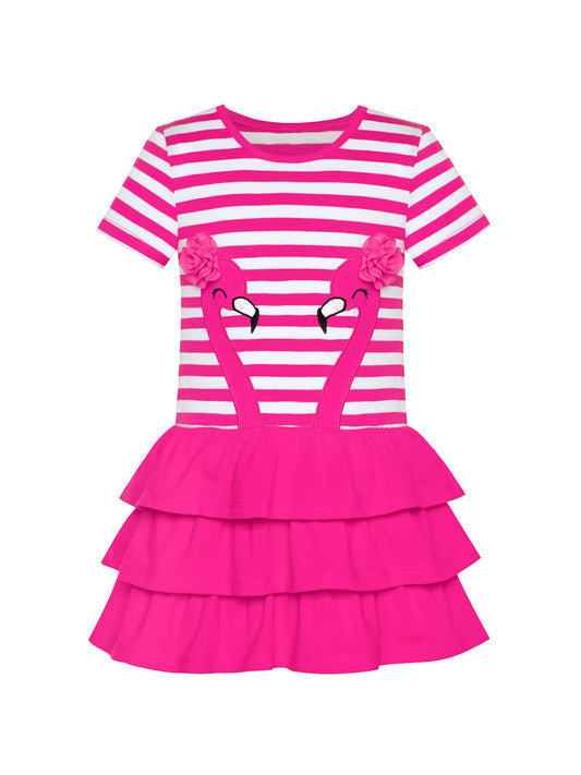 Girls Dress Cotton Short Sleeve Casual Embroidered Bird Flower Purple