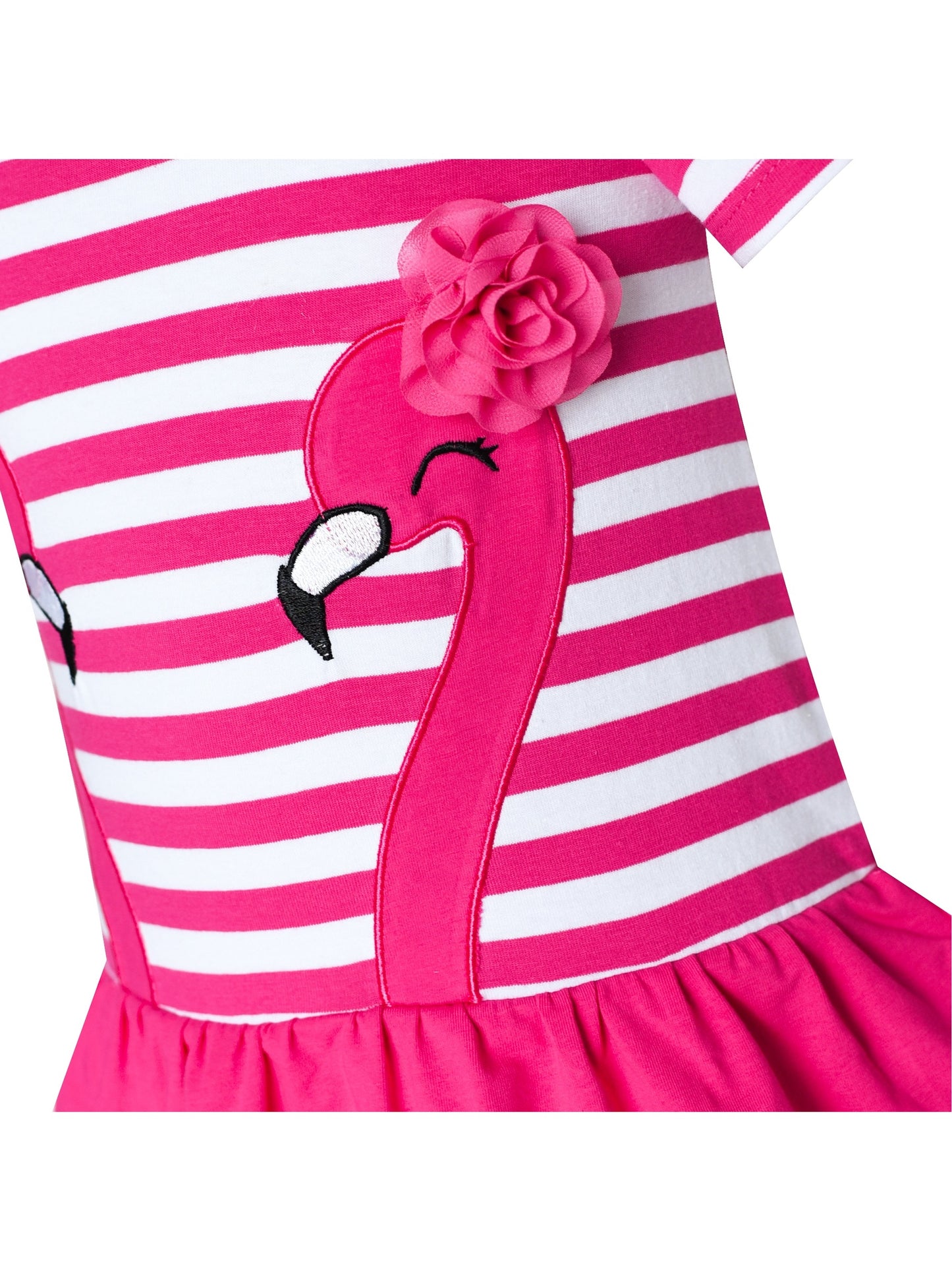 Girls Dress Cotton Short Sleeve Casual Embroidered Bird Flower Purple