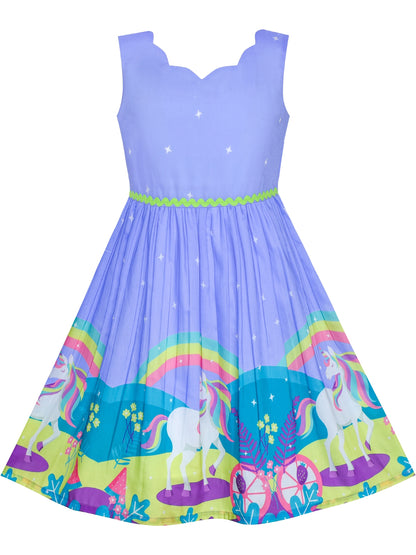 Girls Dress Embroidered Sash Blooming Flower Painting Style Blue - Bluish Purple Unicorn