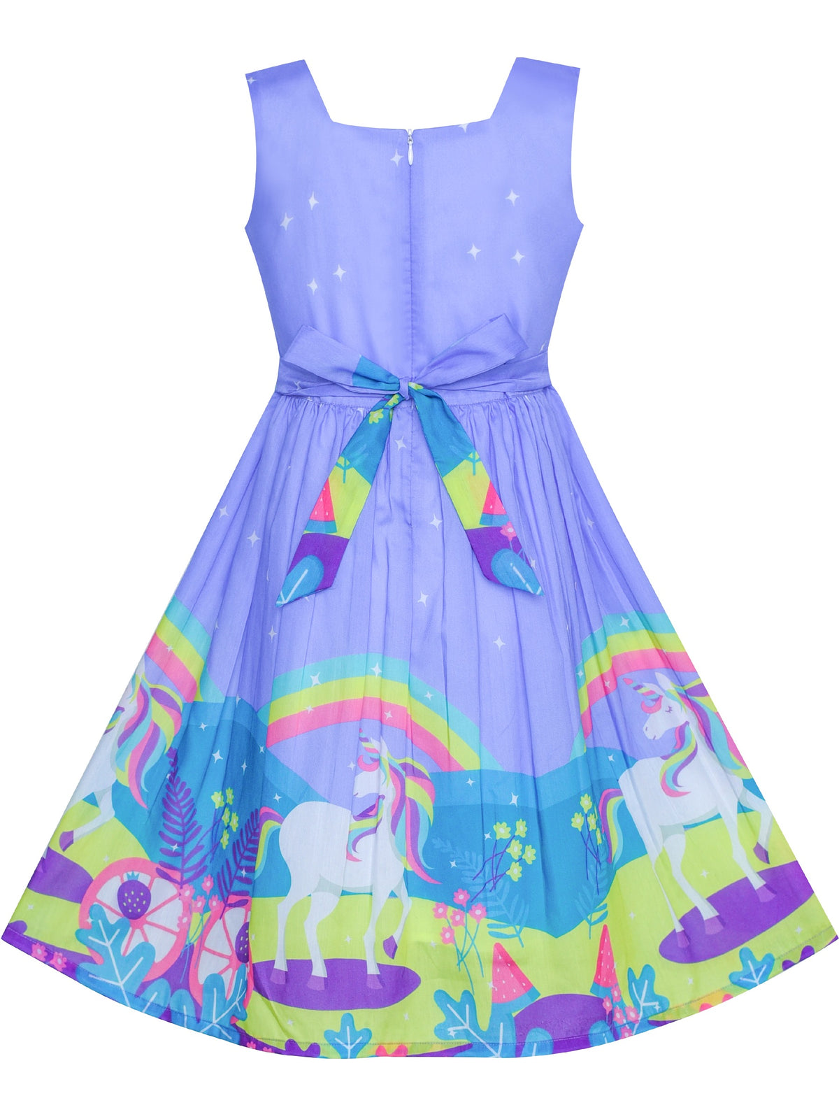 Girls Dress Embroidered Sash Blooming Flower Painting Style Blue - Bluish Purple Unicorn