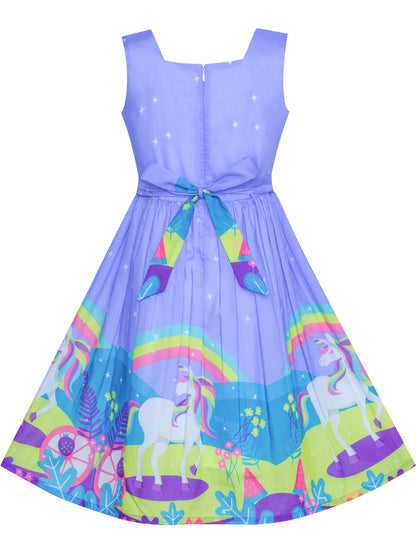 Girls Dress Embroidered Sash Blooming Flower Painting Style Blue - Bluish Purple Unicorn