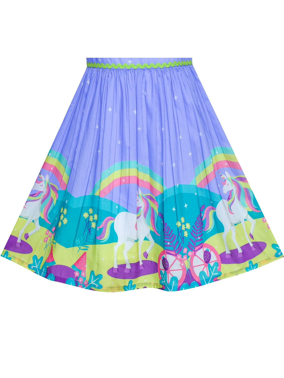 Girls Dress Embroidered Sash Blooming Flower Painting Style Blue - Bluish Purple Unicorn