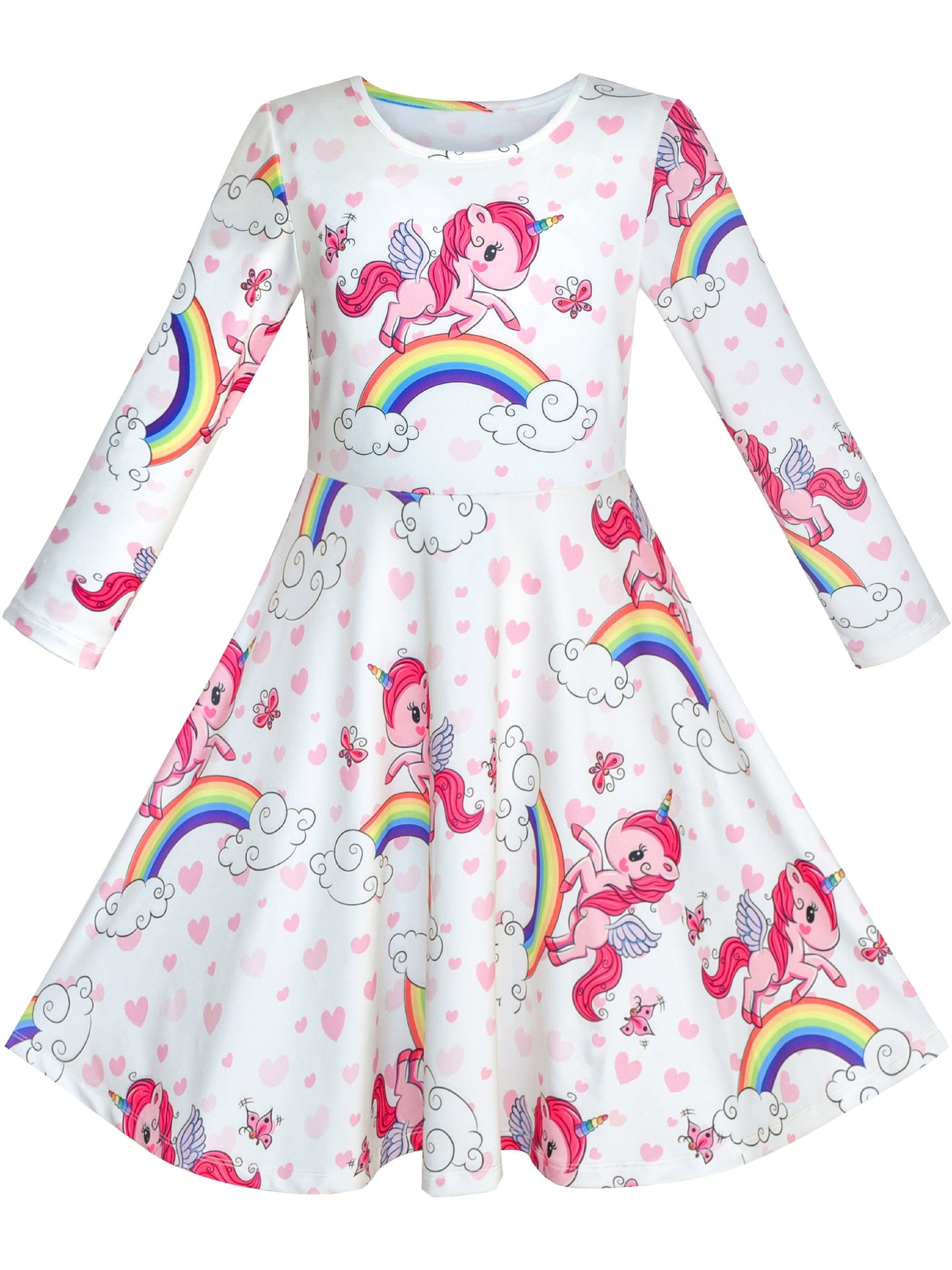 Girls Dress Unicorn Rainbow Casual Long Sleeve White