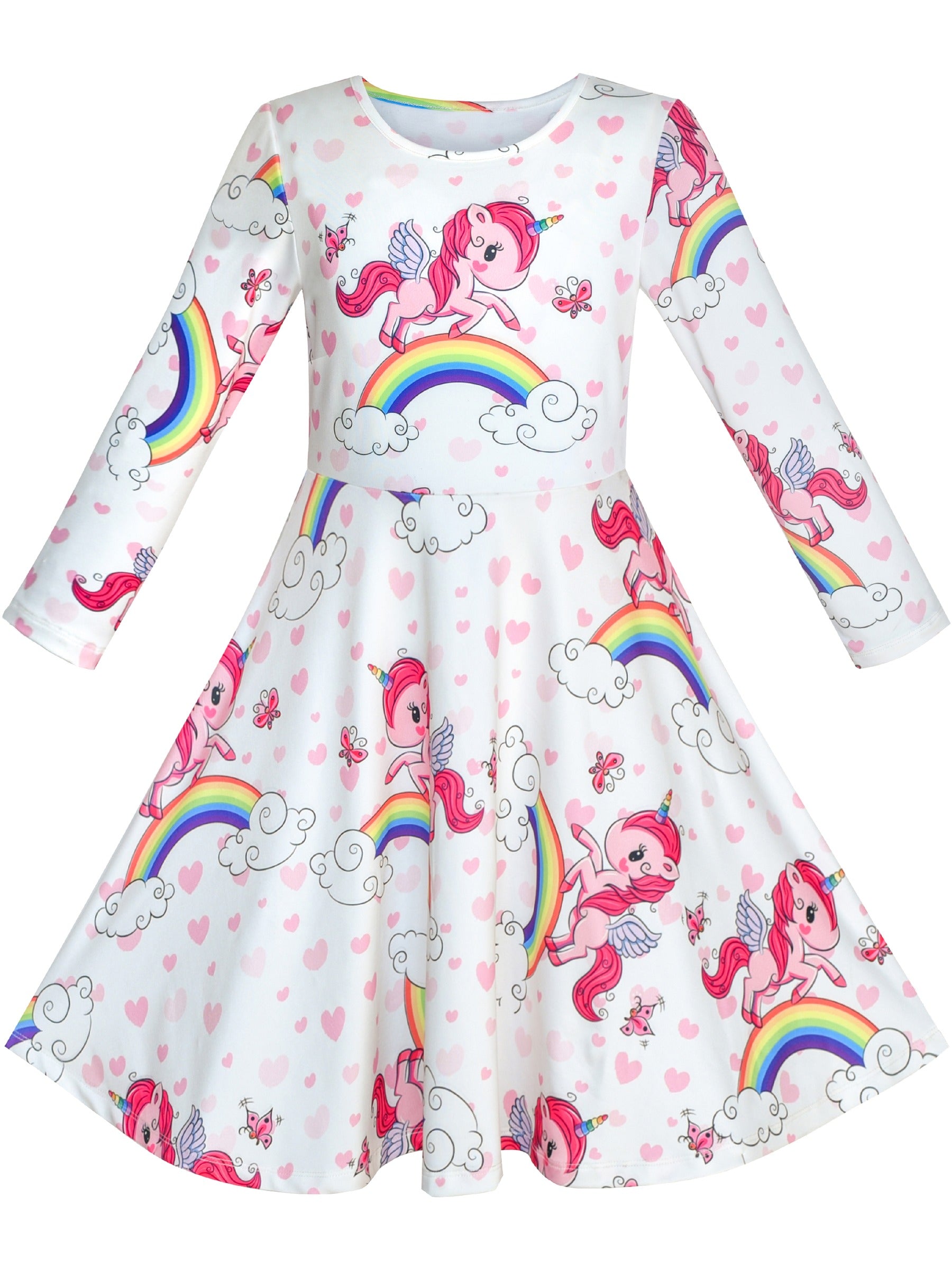 Girls Dress Unicorn Rainbow Casual Long Sleeve White