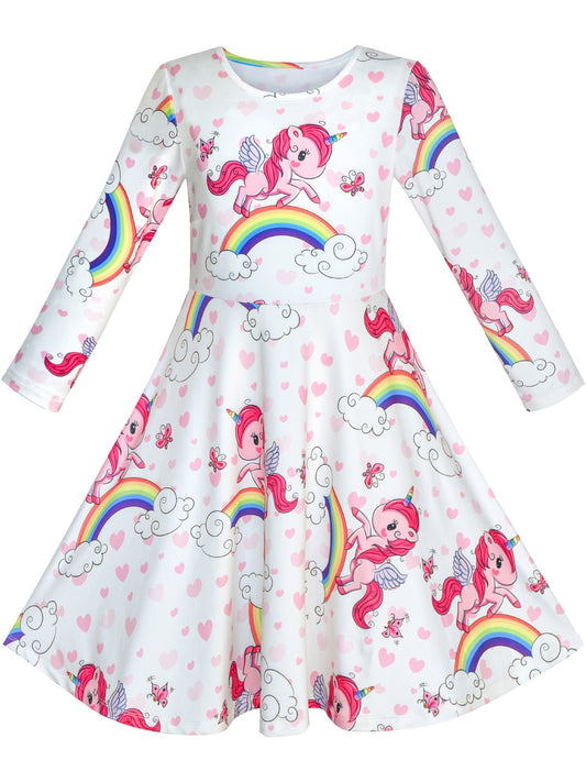 Girls Dress Unicorn Rainbow Casual Long Sleeve White