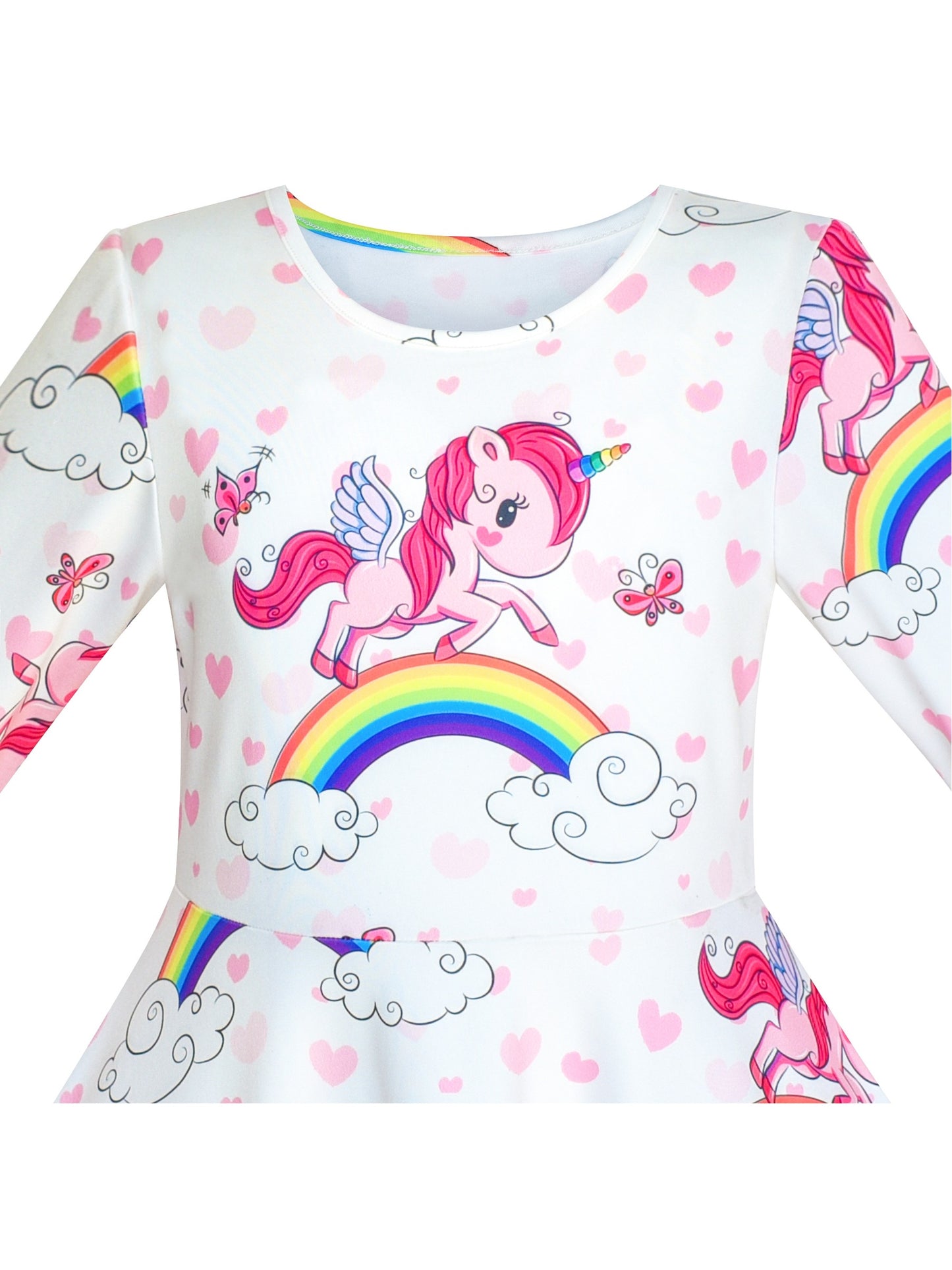 Girls Dress Unicorn Rainbow Casual Long Sleeve White