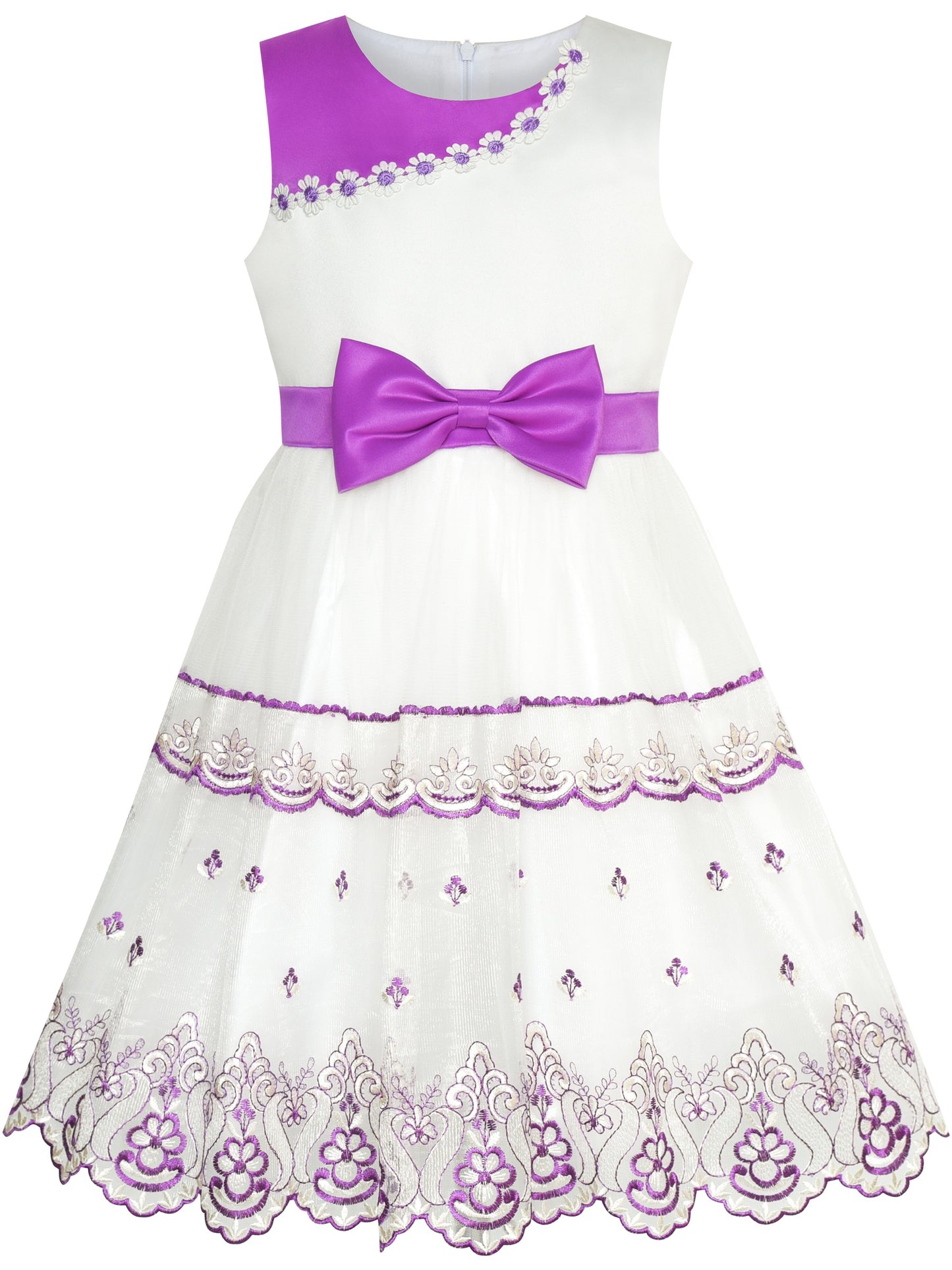 Girls Dress Sleeveless Lace Tulle Wave Pattern Black White Purple