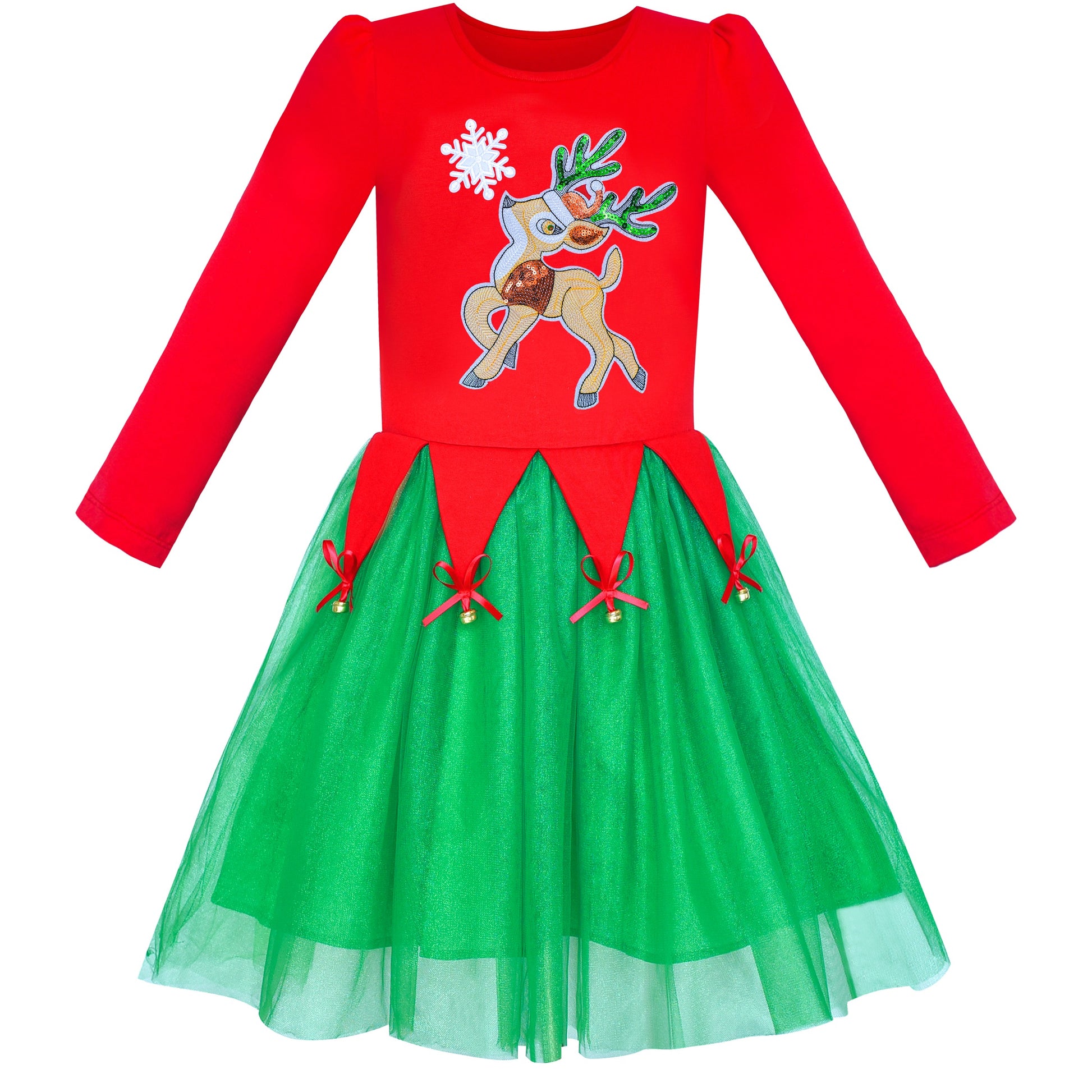Girls Dress Christmas Reindeer Long Sleeve Party Dress Red