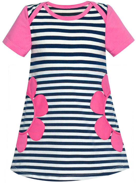 Girls Dress Tee Cotton Sunflower Petal Short Sleeve Pink
